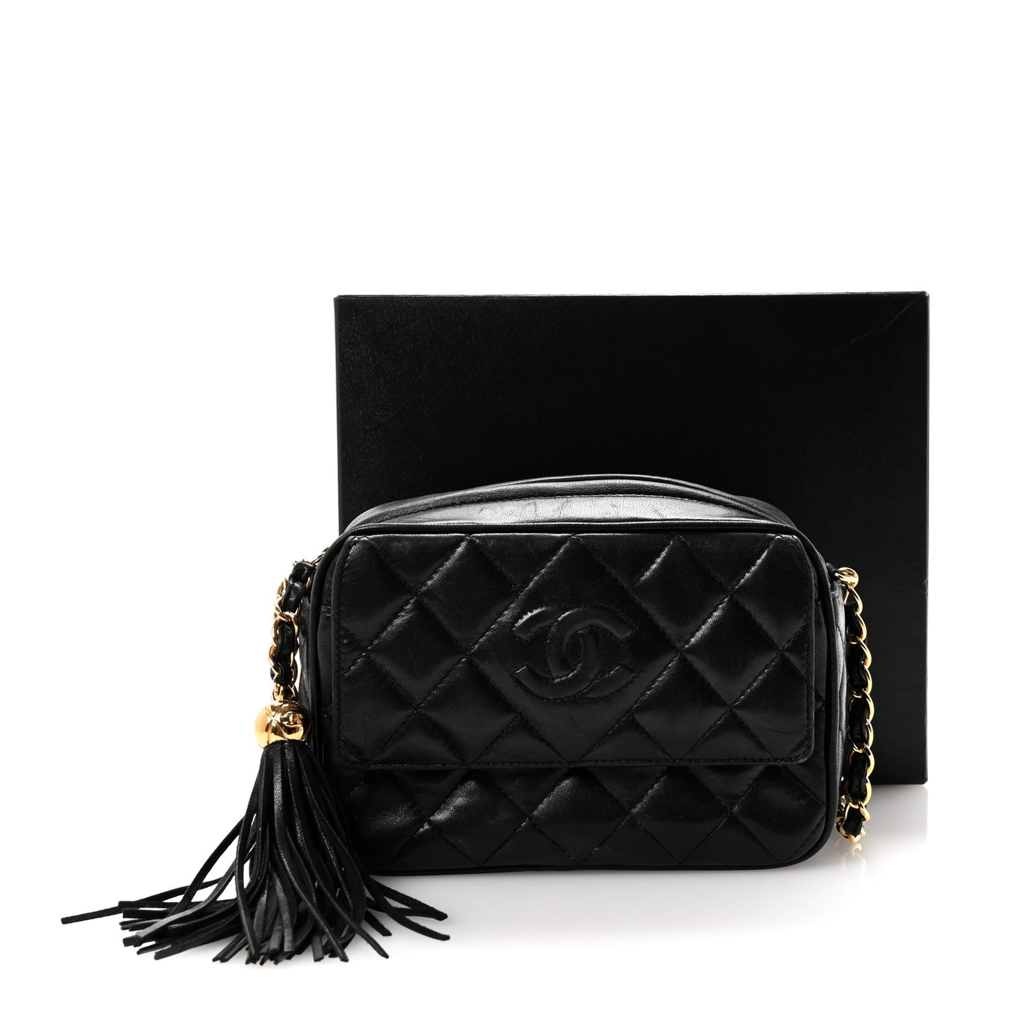 Lambskin Quilted Tassel Camera Case Black Black