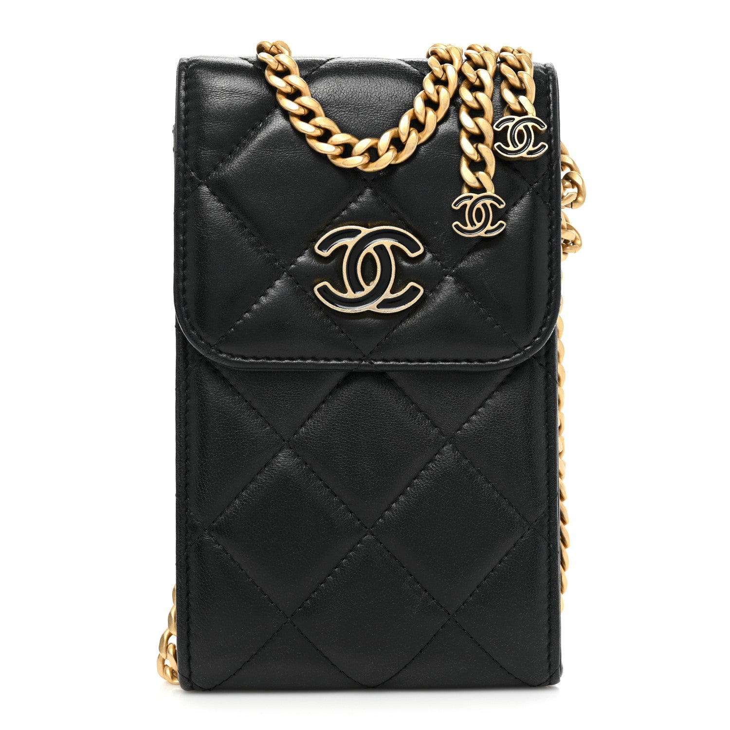 Chanel Lambskin Enamel Quilted Chain Phone Holder Black 1 of 13