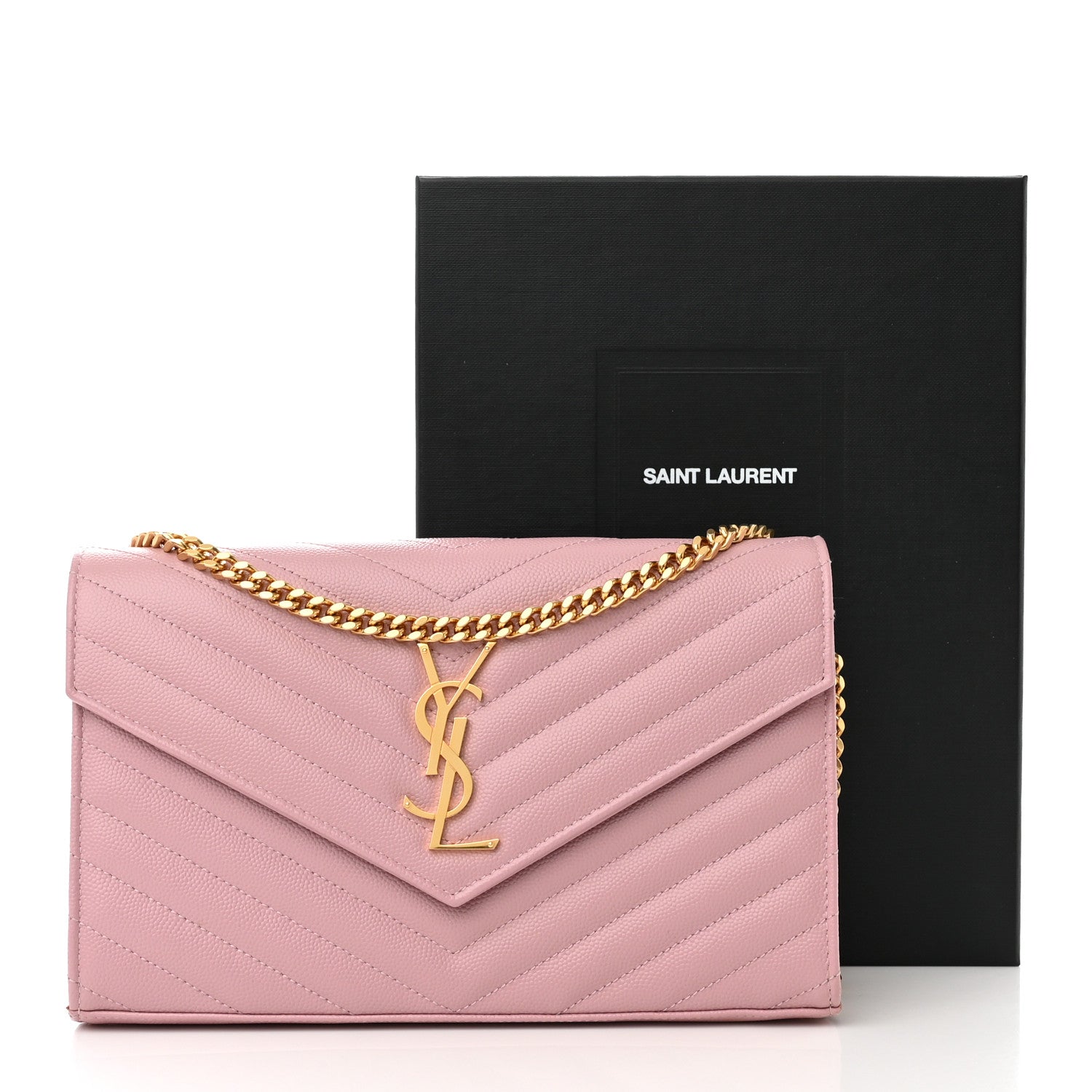 Saint Laurent Grain De Poudre Matelasse Chevron Monogram Chain Wallet Tender Pink 11 of 11