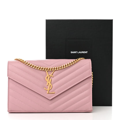 Saint Laurent Grain De Poudre Matelasse Chevron Monogram Chain Wallet Tender Pink 11 of 11