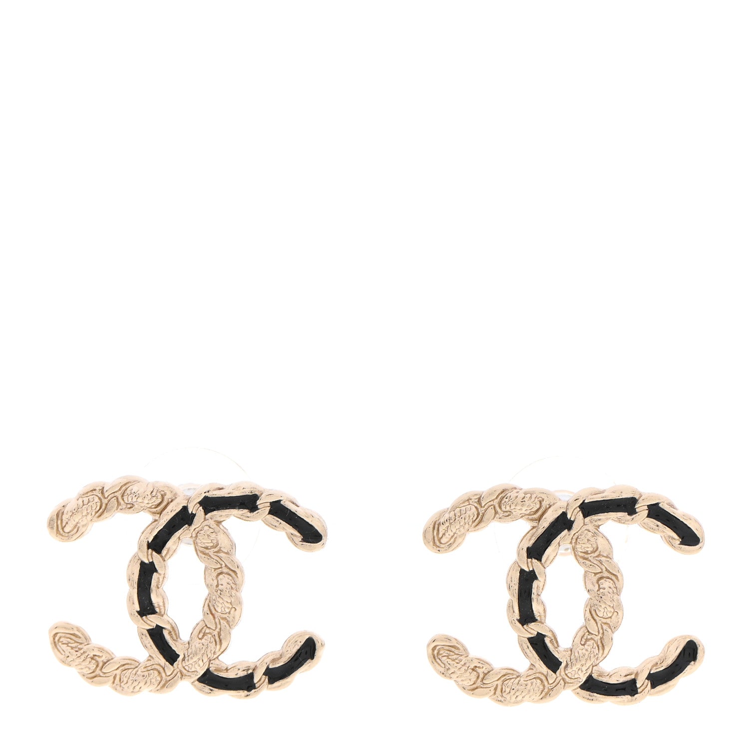 Chanel Enamel Metal Chain French New Wave CC Earrings Black Gold 1 of 4