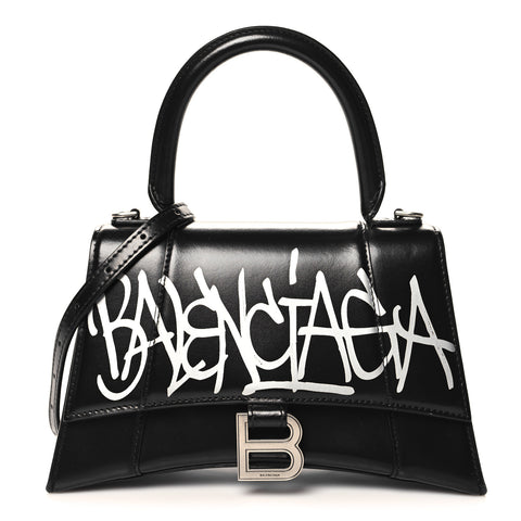 Box Calfskin Graffiti Logo Hourglass Top Handle Bag XS Black Silver