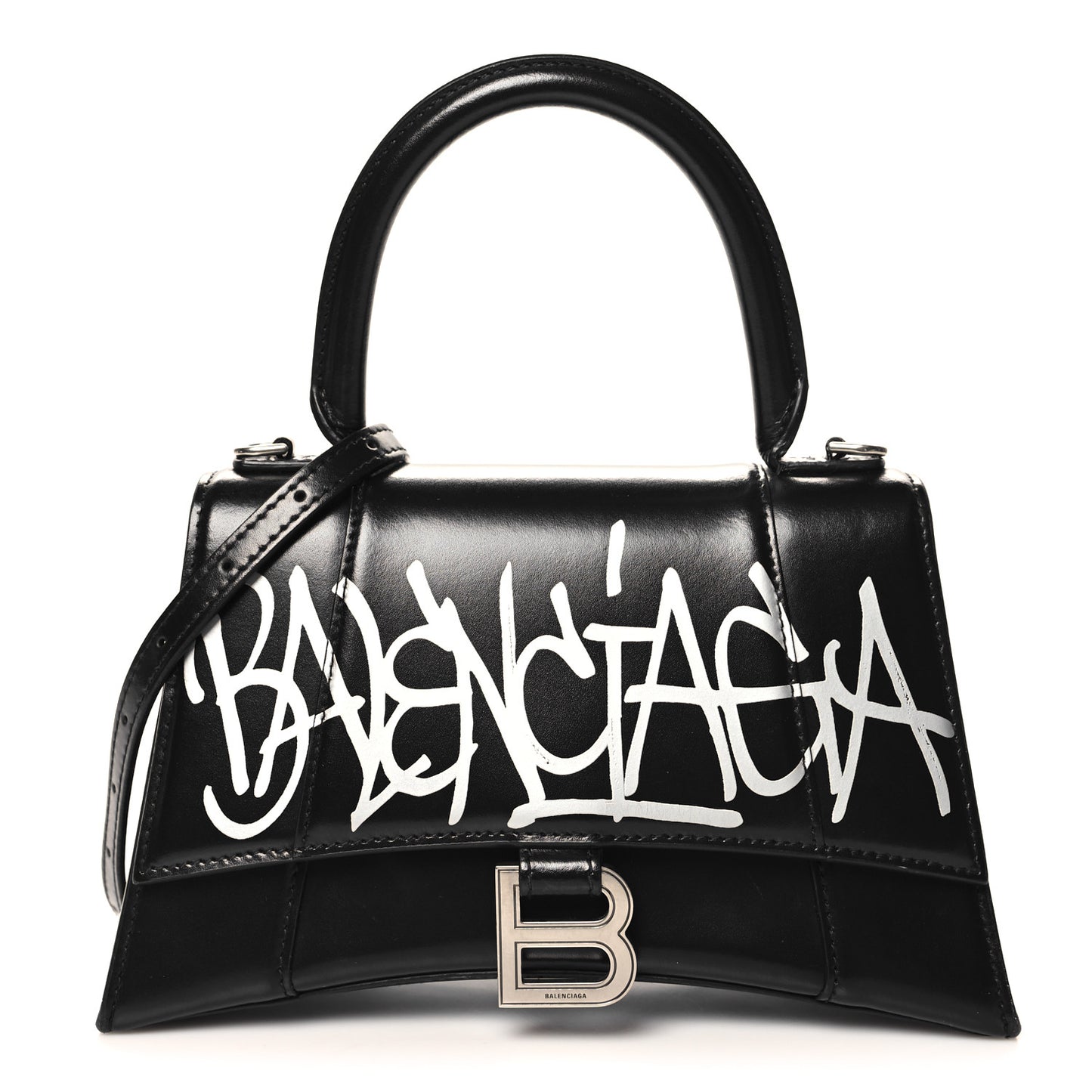 Box Calfskin Graffiti Logo Hourglass Top Handle Bag XS Black Silver