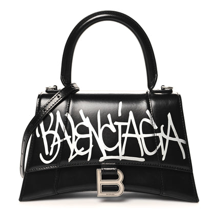 Balenciaga Box Calfskin Graffiti Logo Hourglass Top Handle Bag XS Black Silver 1 of 13