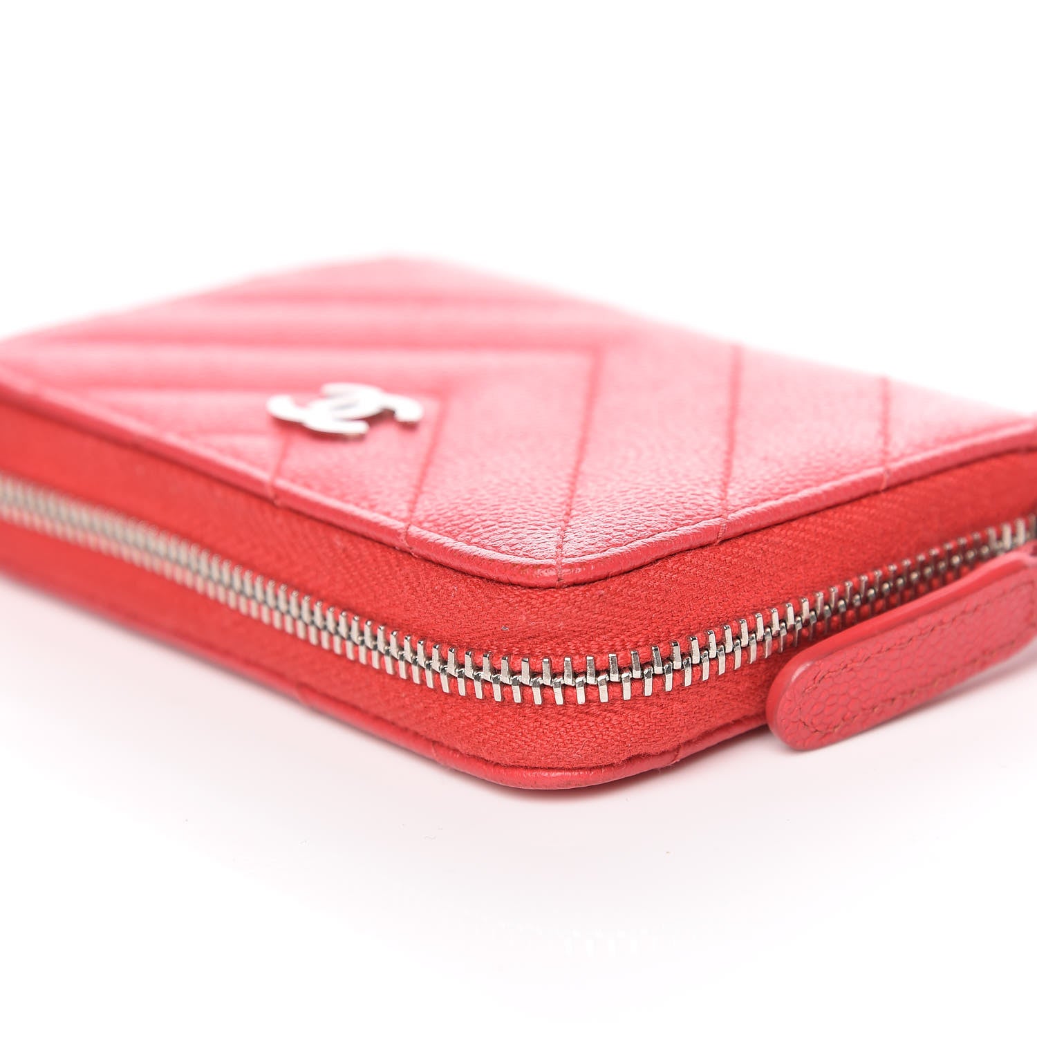 Chanel Caviar Chevron Quilted Zip Coin Purse Light Red 11 of 12