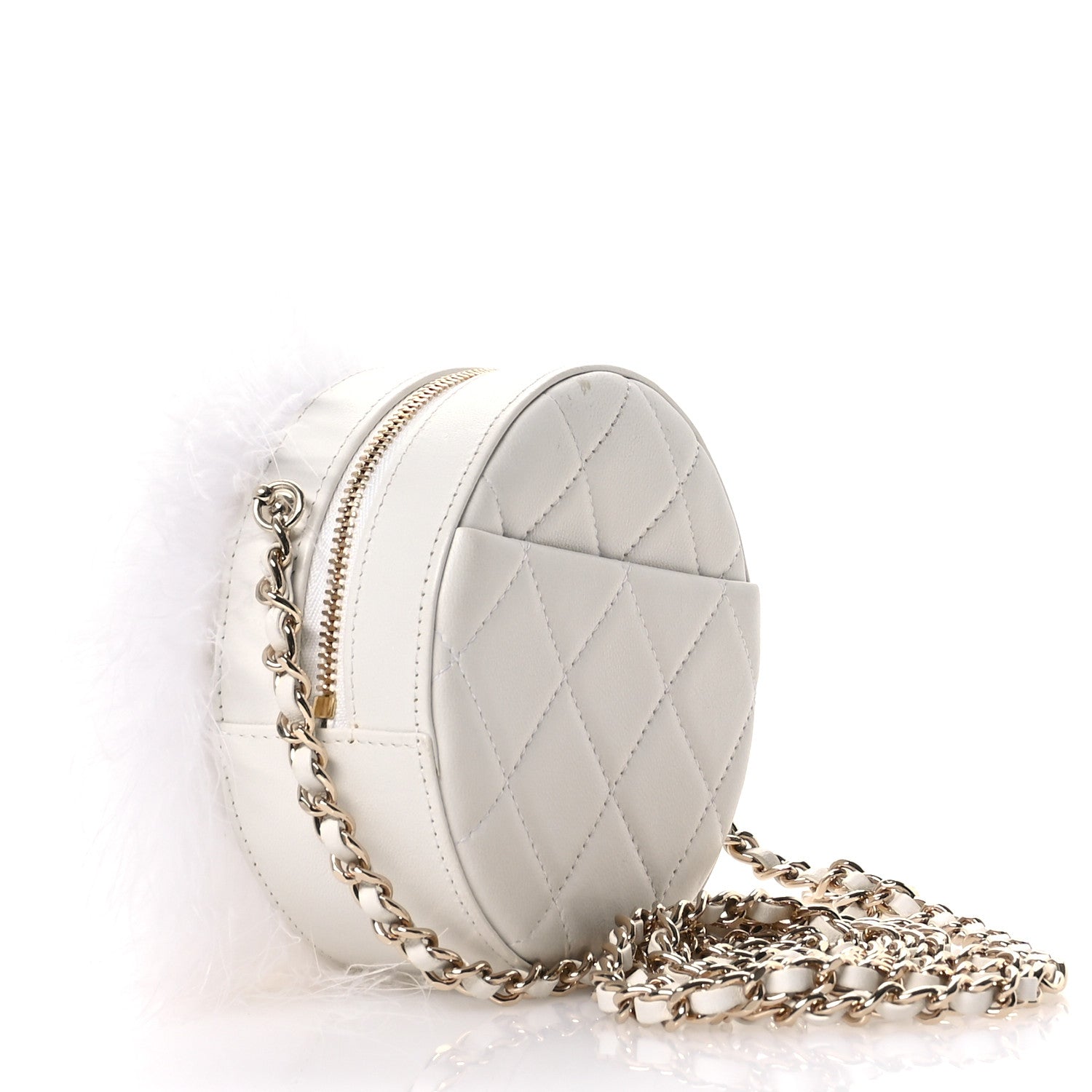 Chanel Lambskin Fur Quilted Round Clutch With Chain Ivory 3 of 11