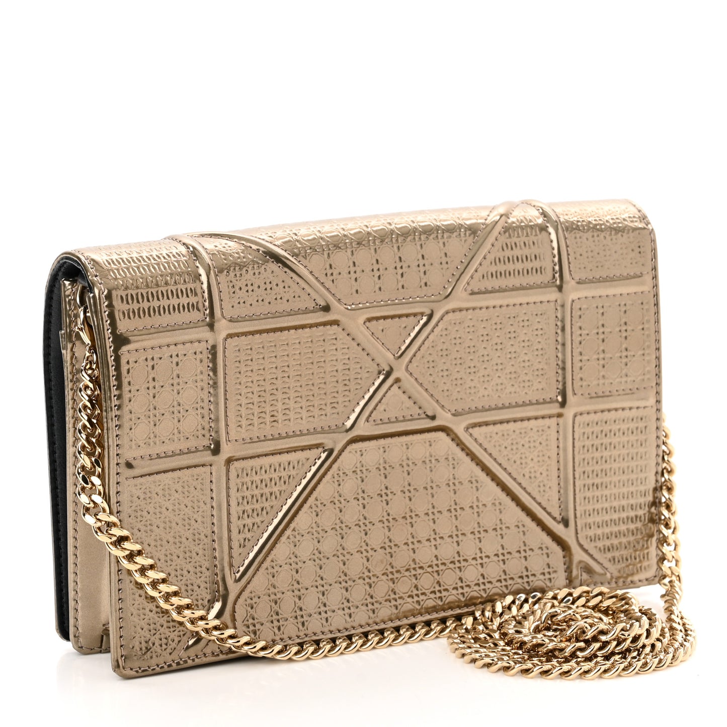 Metallic Patent Micro-Cannage Diorama Wallet on Chain Pouch Gold