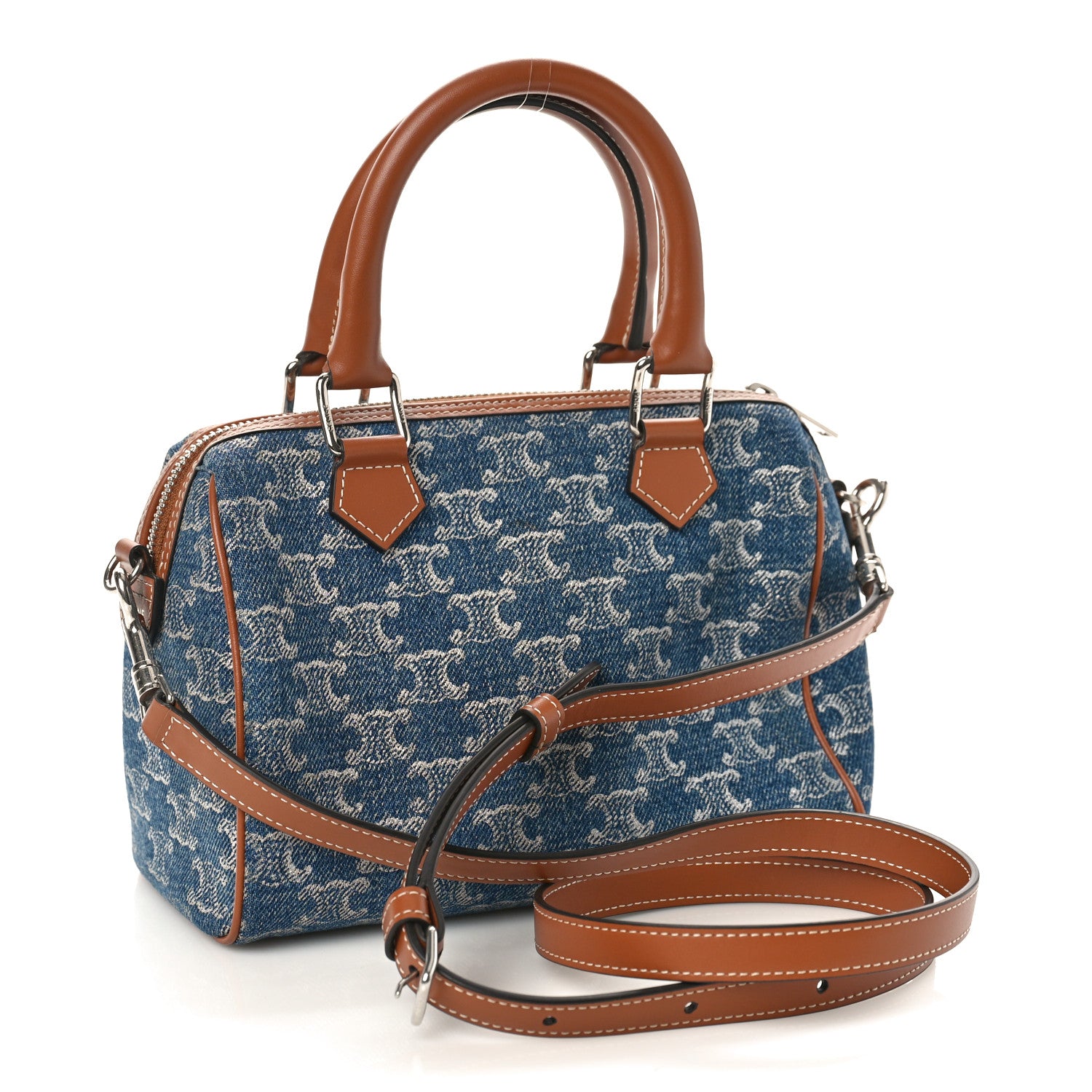 Celine Denim Triomphe All Over Calfskin Small Boston Bag 3 of 8