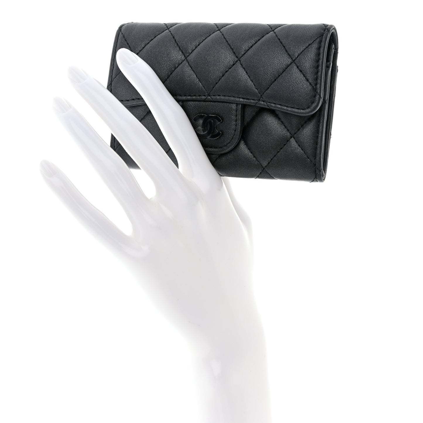 Pearly Lambskin Quilted Flap Card Holder Wallet So Black