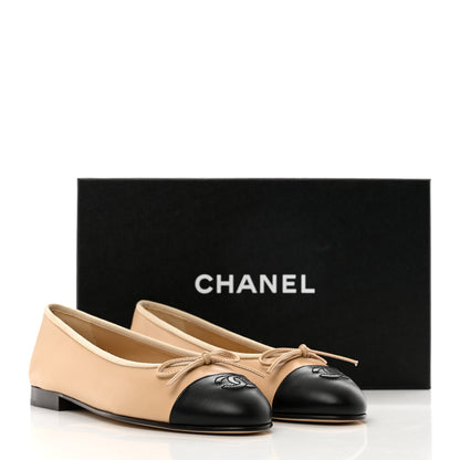 Chanel Lambskin Cap Toe CC Ballerina Flats 37.5 Beige Black 9 of 9