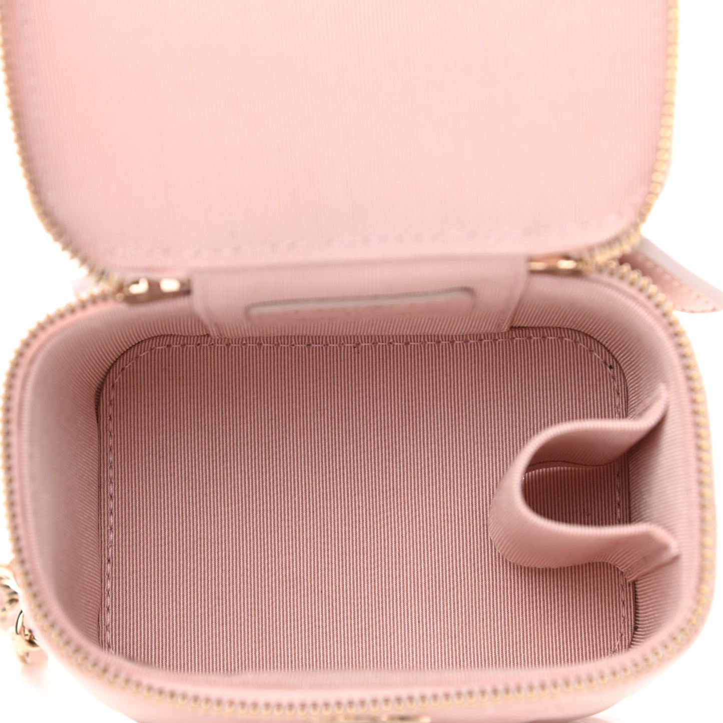 Iridescent Caviar Quilted Mini Pearl On Top Vanity Case With Chain Light Pink