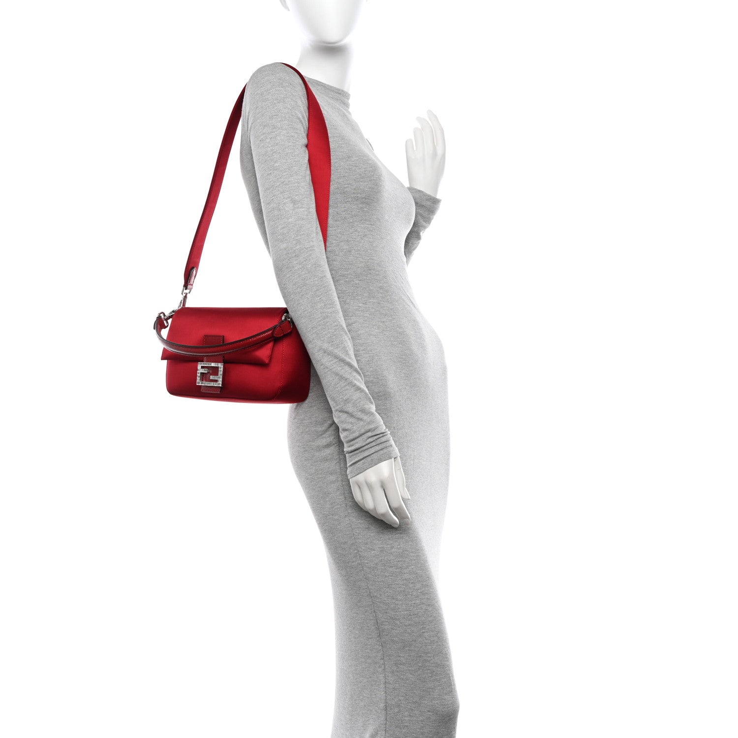 Fendi Satin Karung Crystal Baguette Rosso Scuro 2 of 11