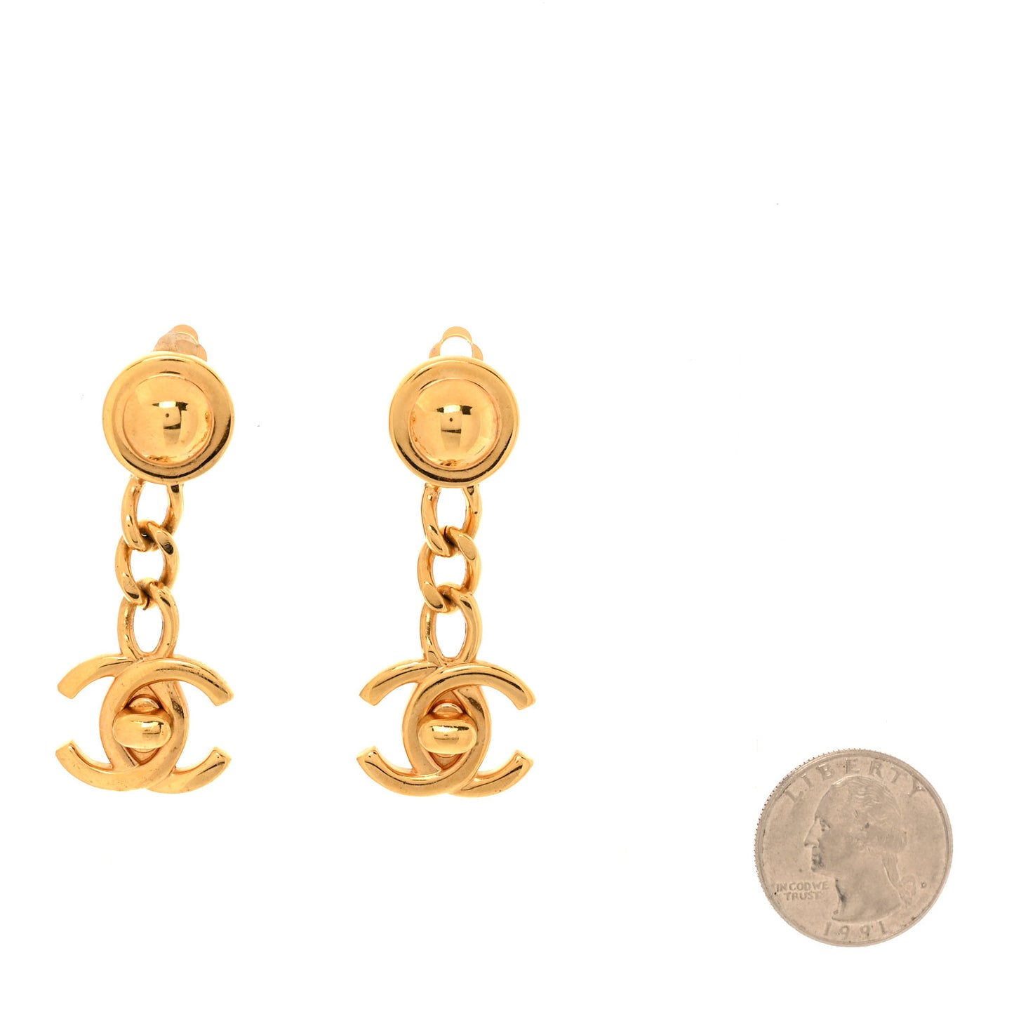 CC Drop Turnlock Clip On Earrings Gold