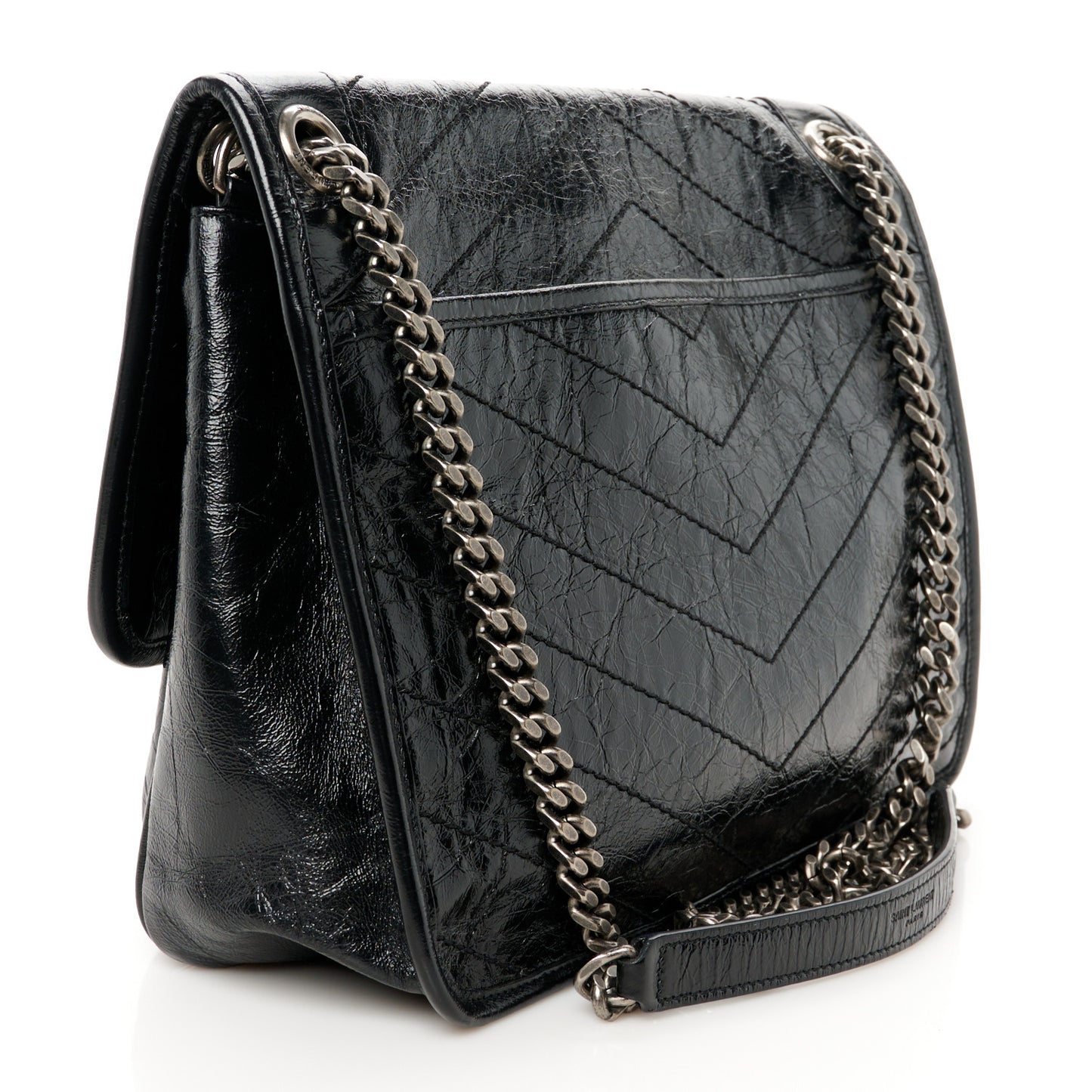 Crinkled Calfskin Matelasse Monogram Medium Niki Chain Satchel Black