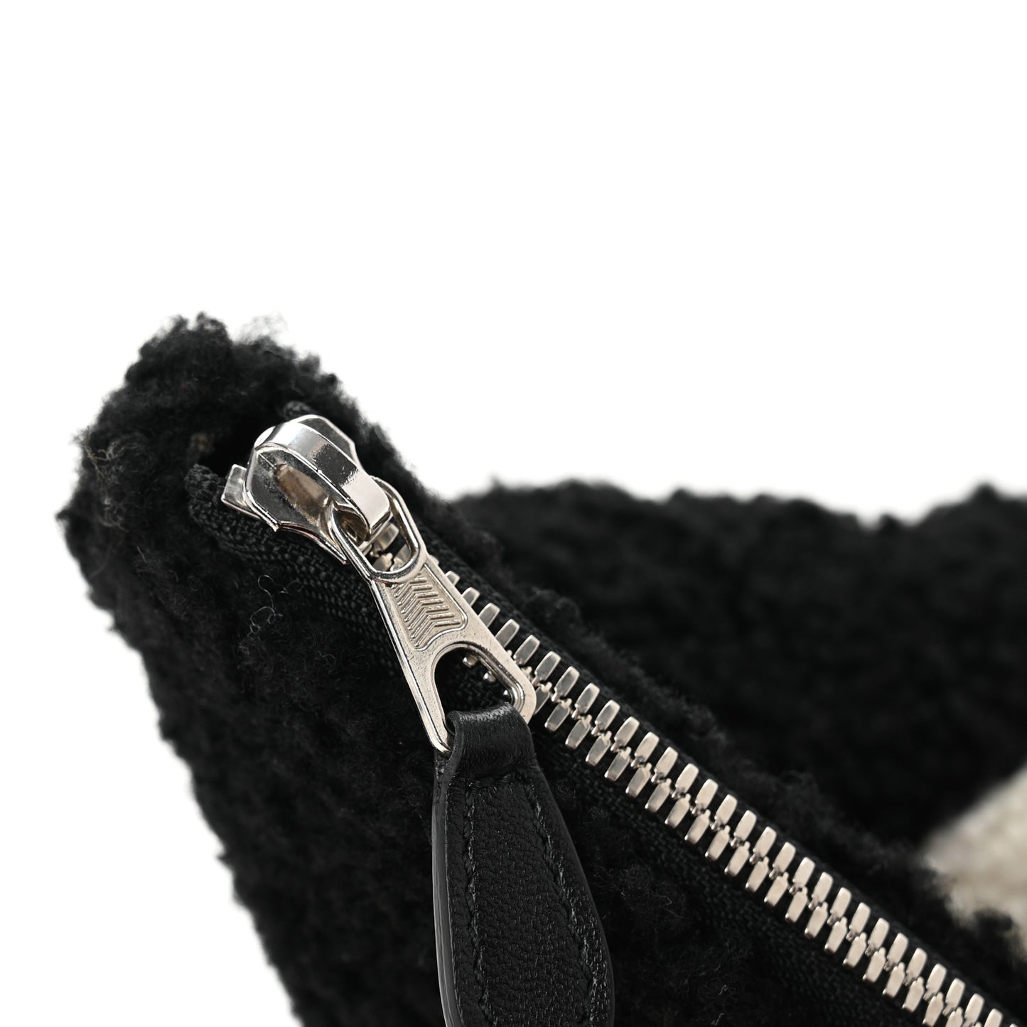 Sheepskin Shearling Contrasted Logo Large Zip Pouch Black