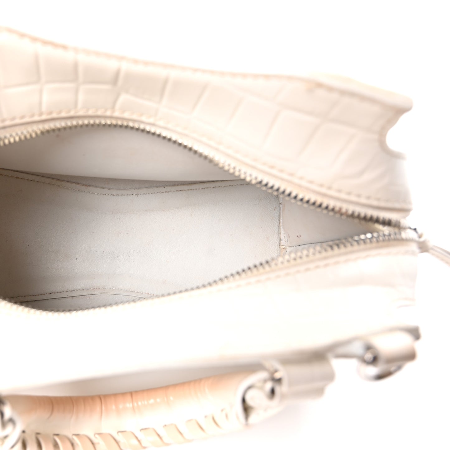 Semi Shiny Calfskin Crocodile Embossed Neo Classic Silver Hardware Nano City Crossbody White