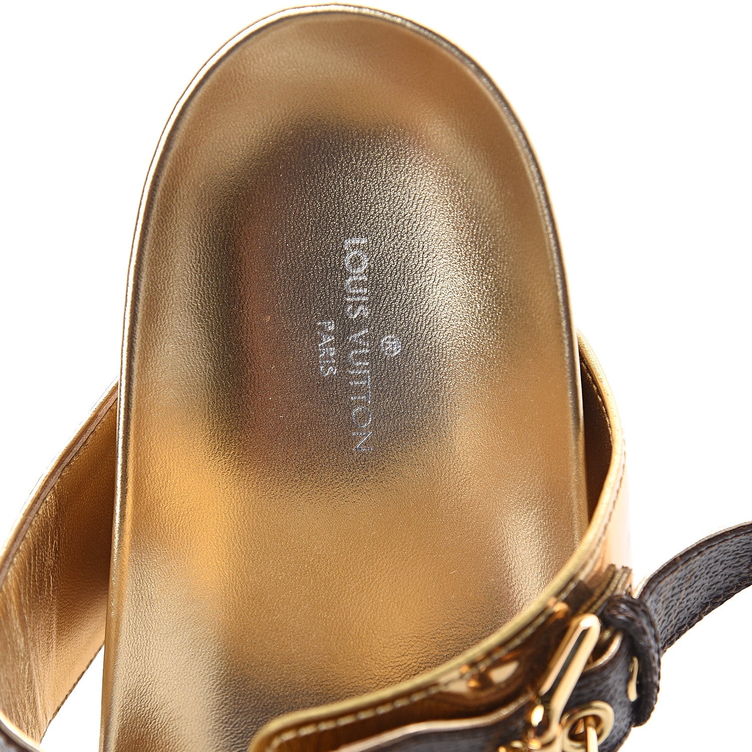 Louis Vuitton Metallic Calfskin Patent Monogram Bom Dia Mule Sandals 37.5 Gold 5 of 7