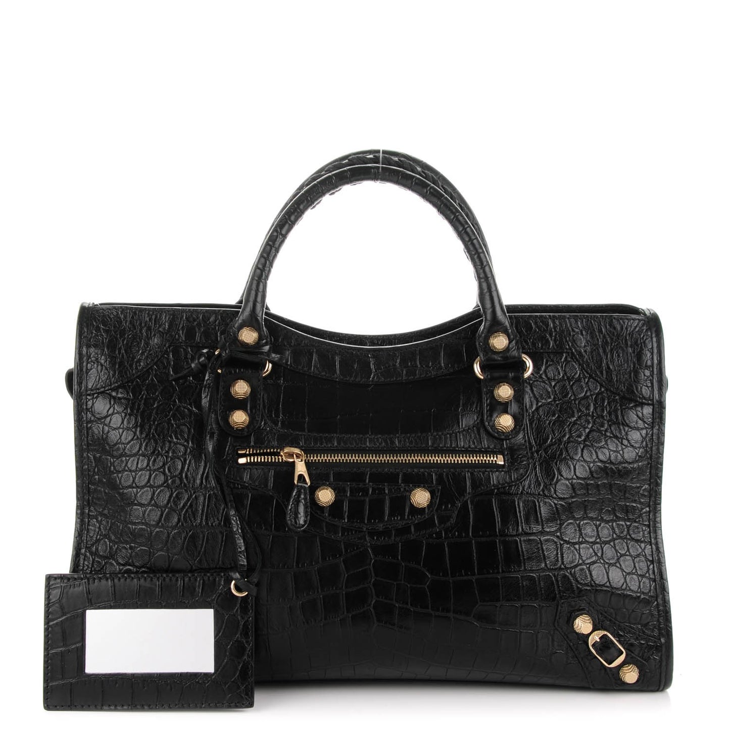 Calfskin Crocodile Embossed Giant 12 Gold Hardware City Black