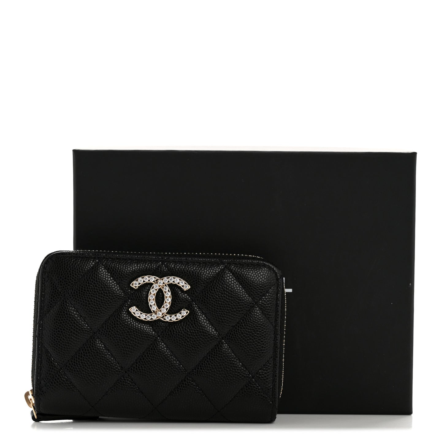 Caviar Crystal Quilted CC Zip Coin Purse Black