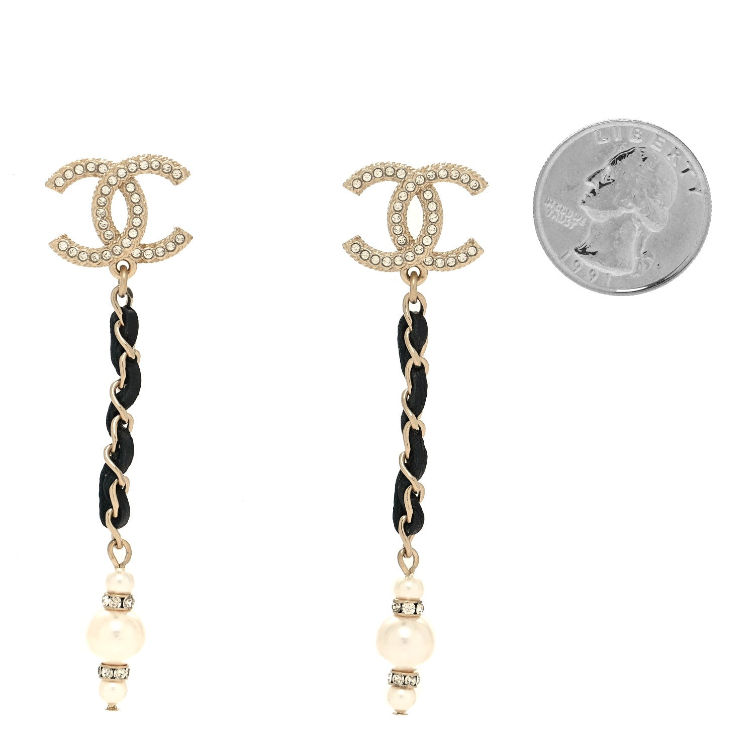 Chanel Lambskin Crystal Pearl CC Drop Earrings Gold Pearly White Black 2 of 4