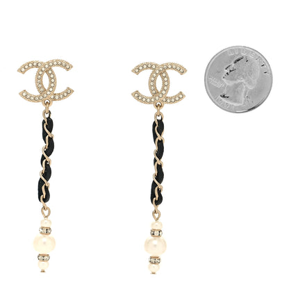 Chanel Lambskin Crystal Pearl CC Drop Earrings Gold Pearly White Black 2 of 4