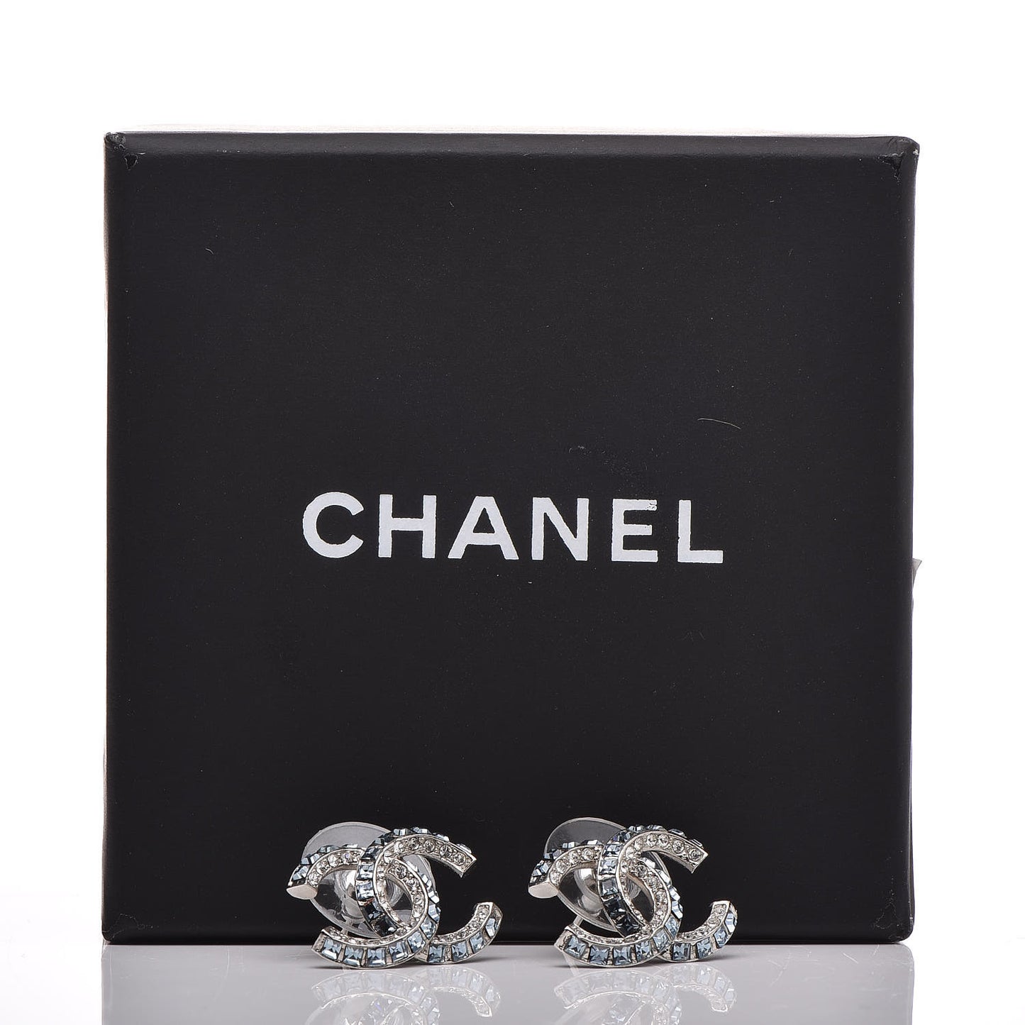 Metal Baguette Crystal CC Earrings Silver Blue