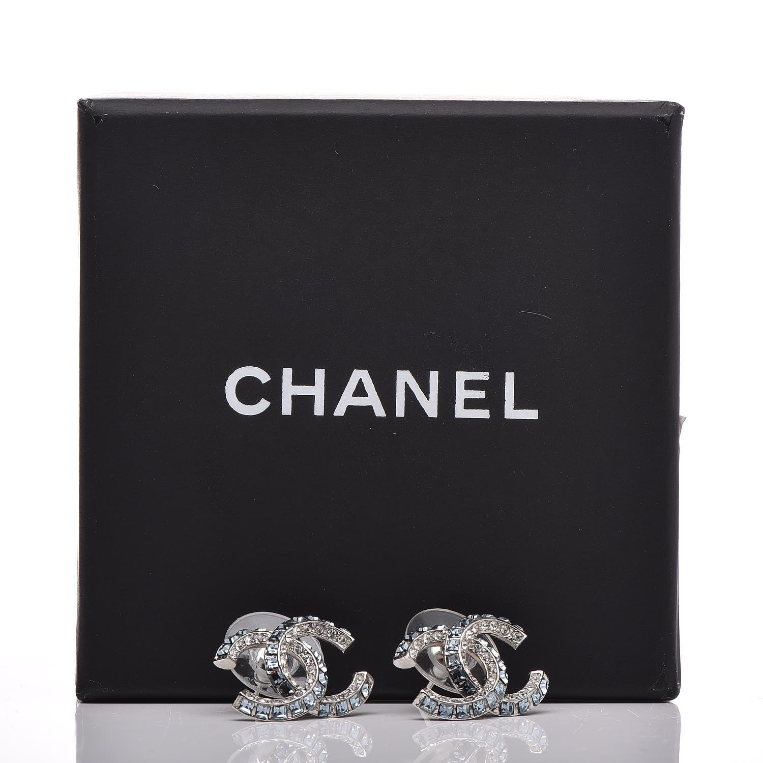 Chanel Metal Baguette Crystal CC Earrings Silver Blue 5 of 5