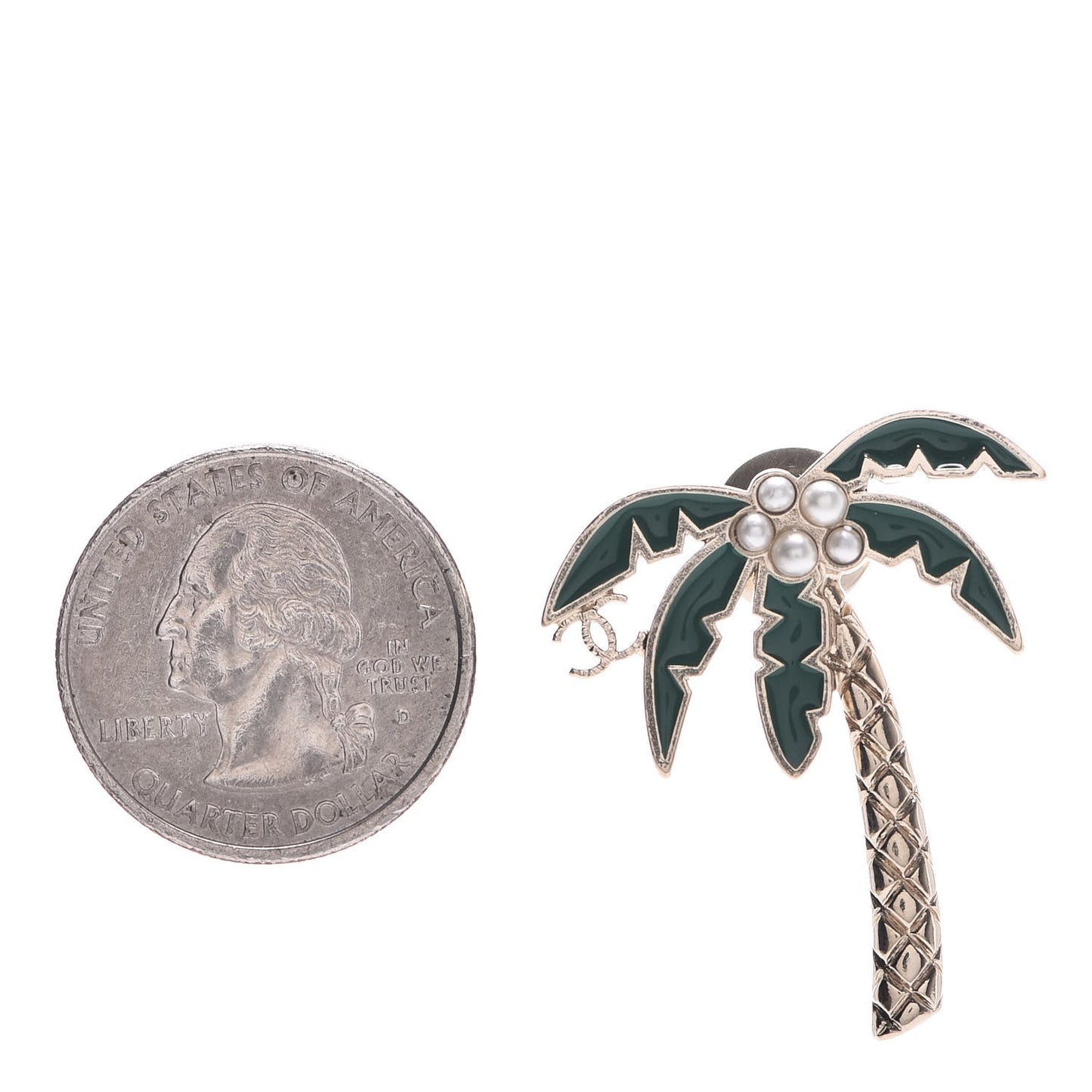 Enamel Pearl Palm Tree Brooch Green Gold