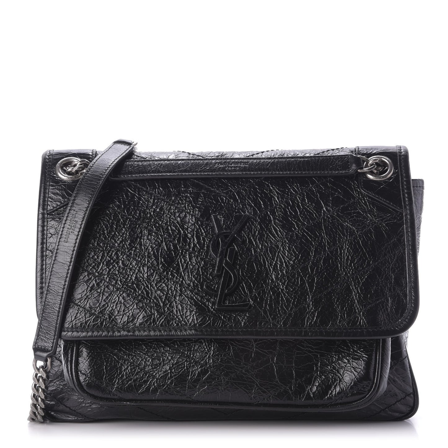 Crinkled Calfskin Matelasse Monogram Medium Niki Chain Satchel Black