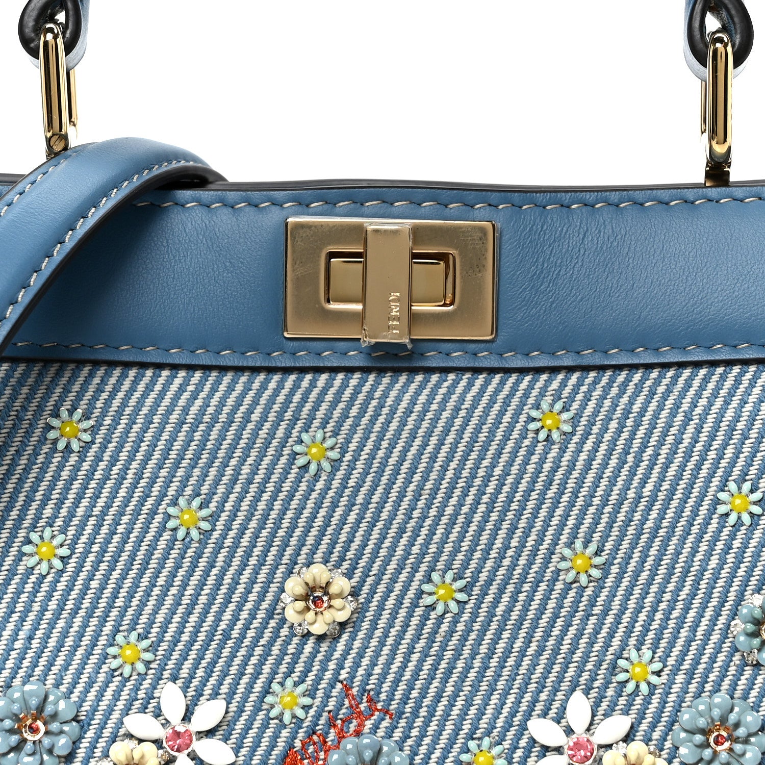 Fendi Denim Nappa Floral Embroidered Petite Peekaboo I SEE U Satchel Blue 8 of 10