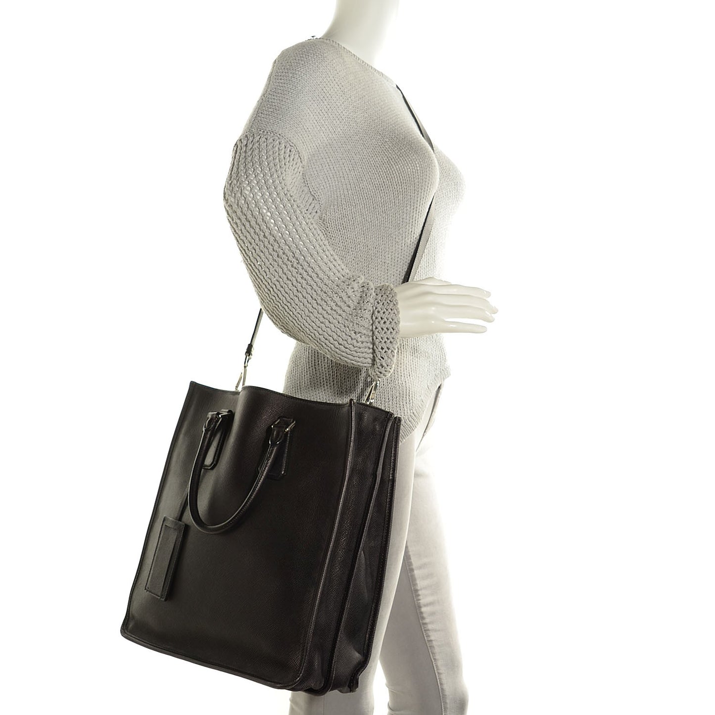 Distressed Saffiano Cuir Double Handle Shopping Tote Black