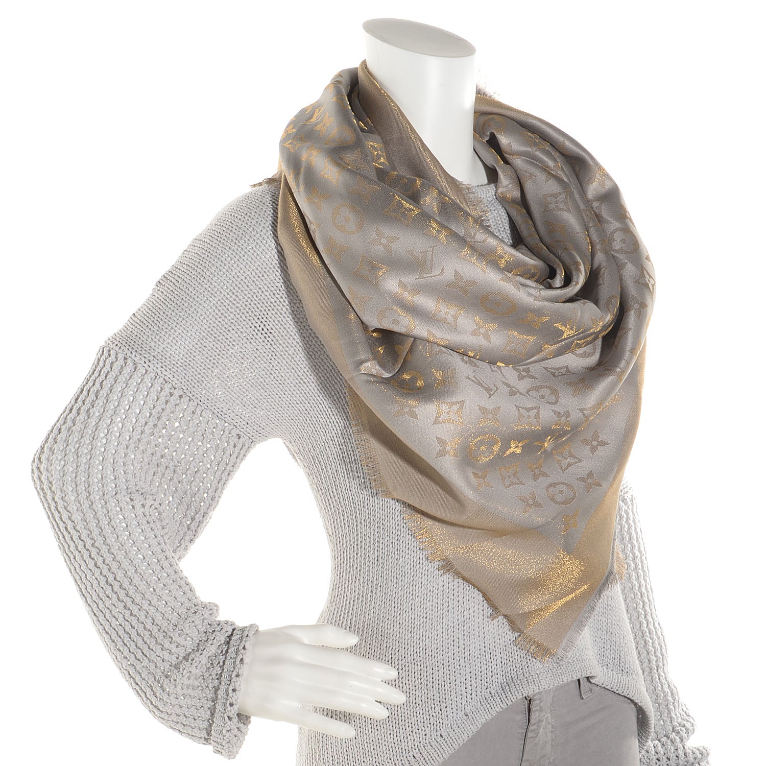 Louis Vuitton Monogram Silk Wool Shine Shawl Beige 2 of 5