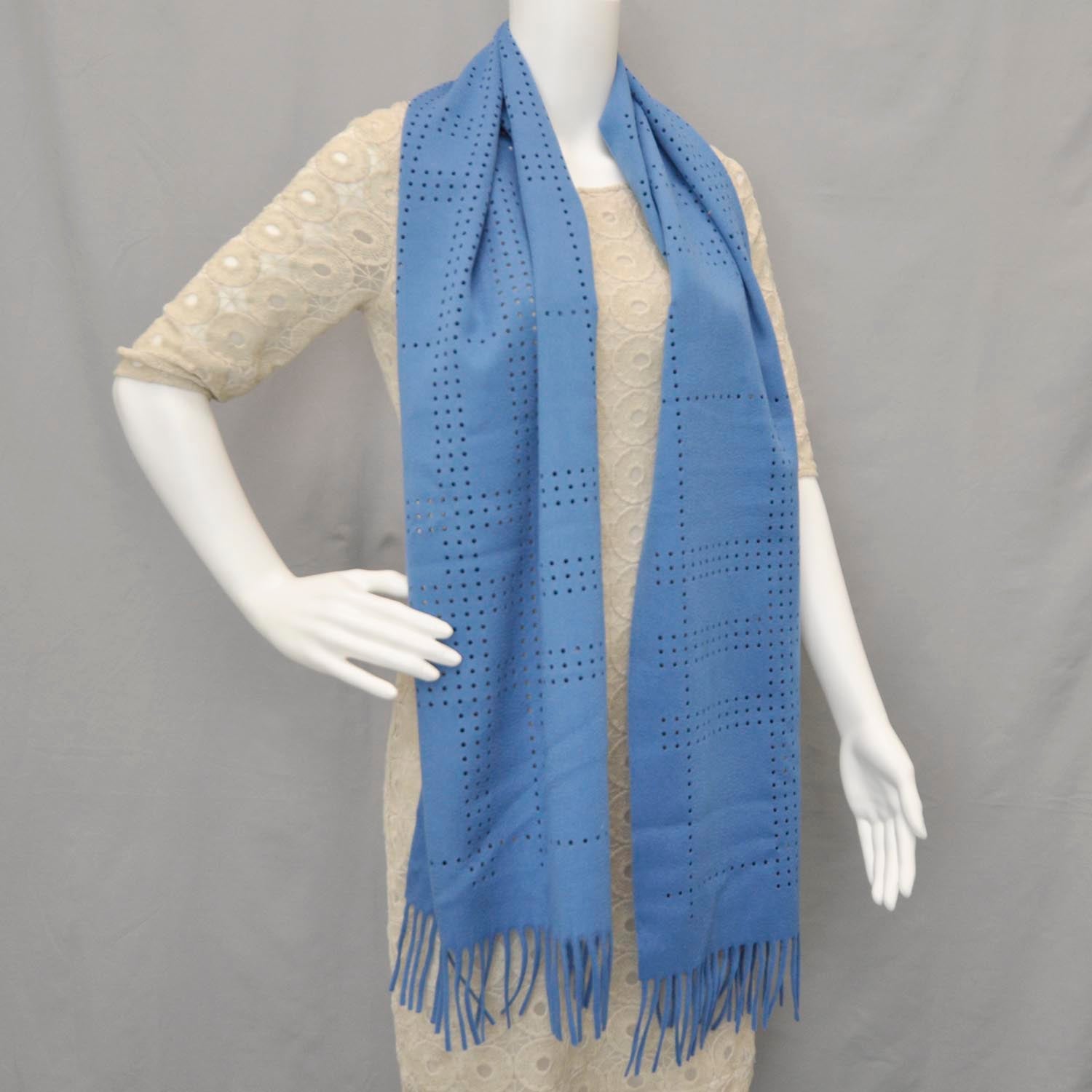 Burberry Cashmere Wool Perforated Scarf Atlantic Blue 2 of 5
