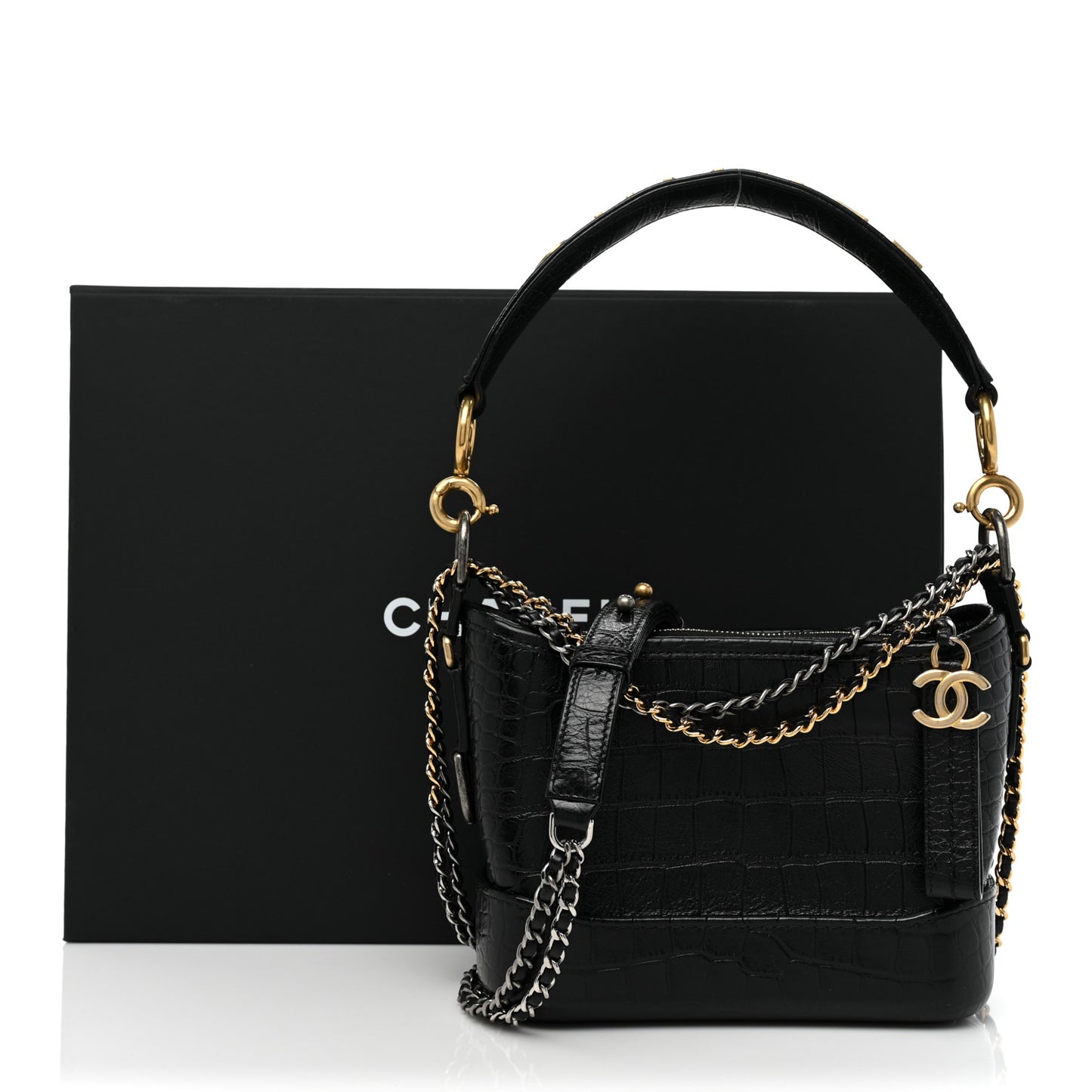 Calfskin Crocodile Embossed Small Gabrielle Cocodile Hobo Black