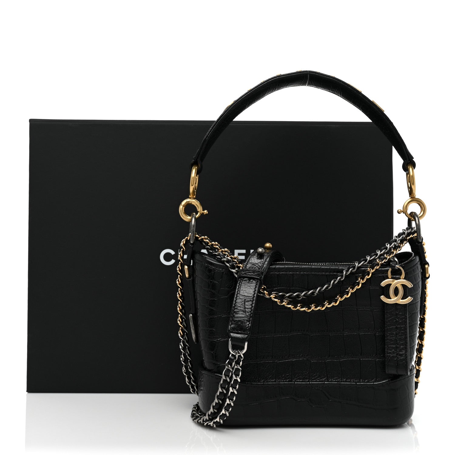 Chanel Calfskin Crocodile Embossed Small Gabrielle Cocodile Hobo Black 9 of 9
