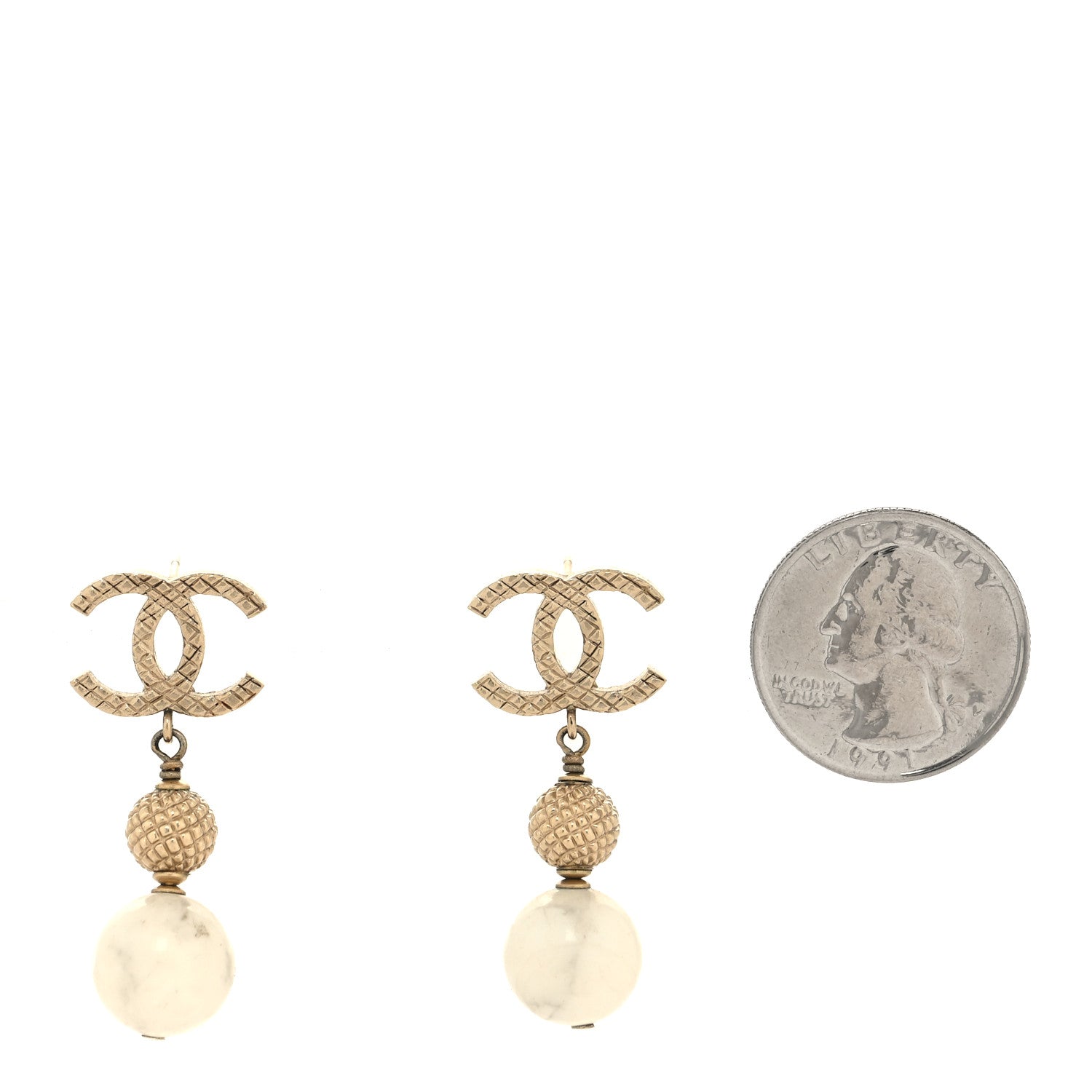 Chanel Metal Pearl Quilted CC Drop Earrings Gold White 2 of 4