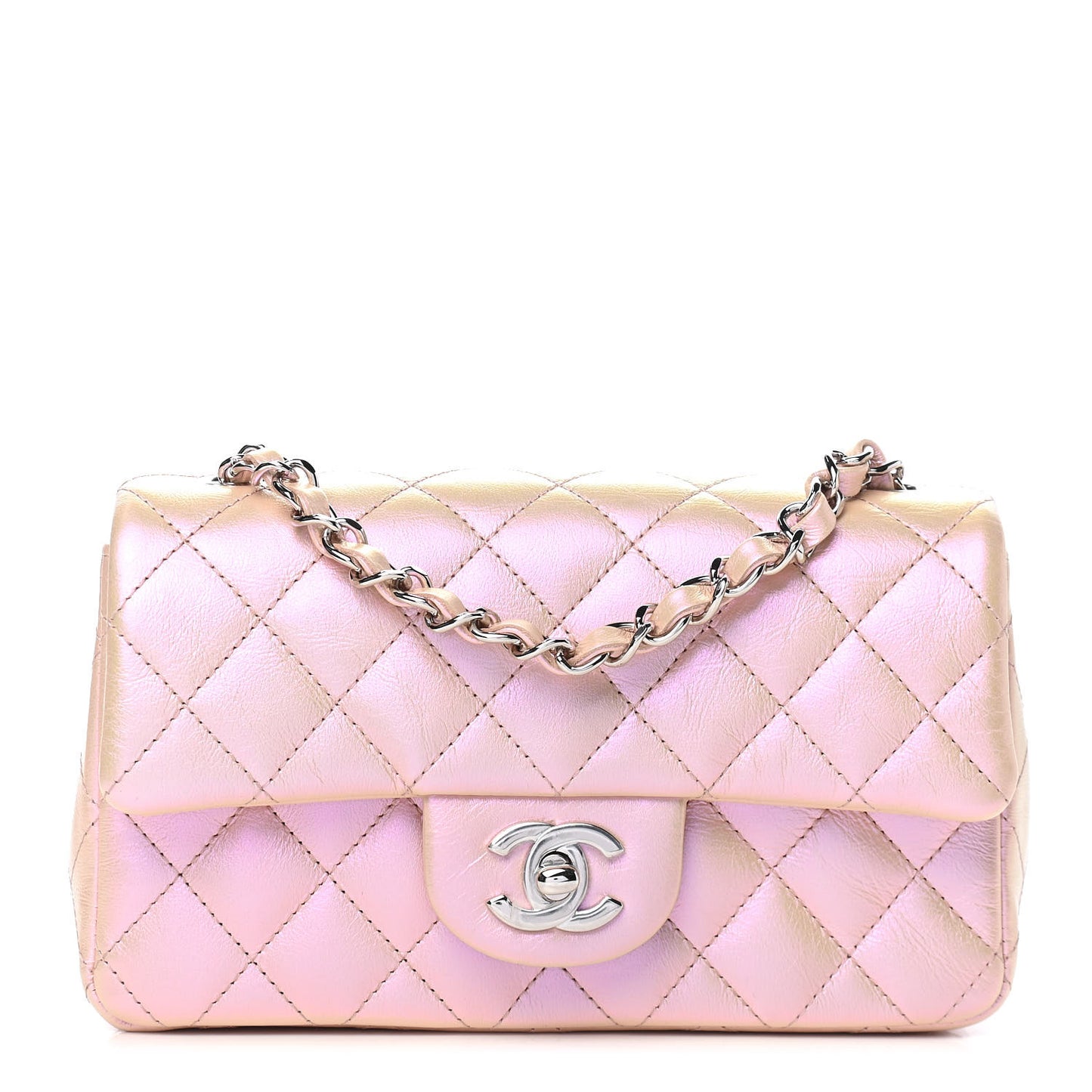 Iridescent Calfskin Quilted Mini Rectangular Flap Pink