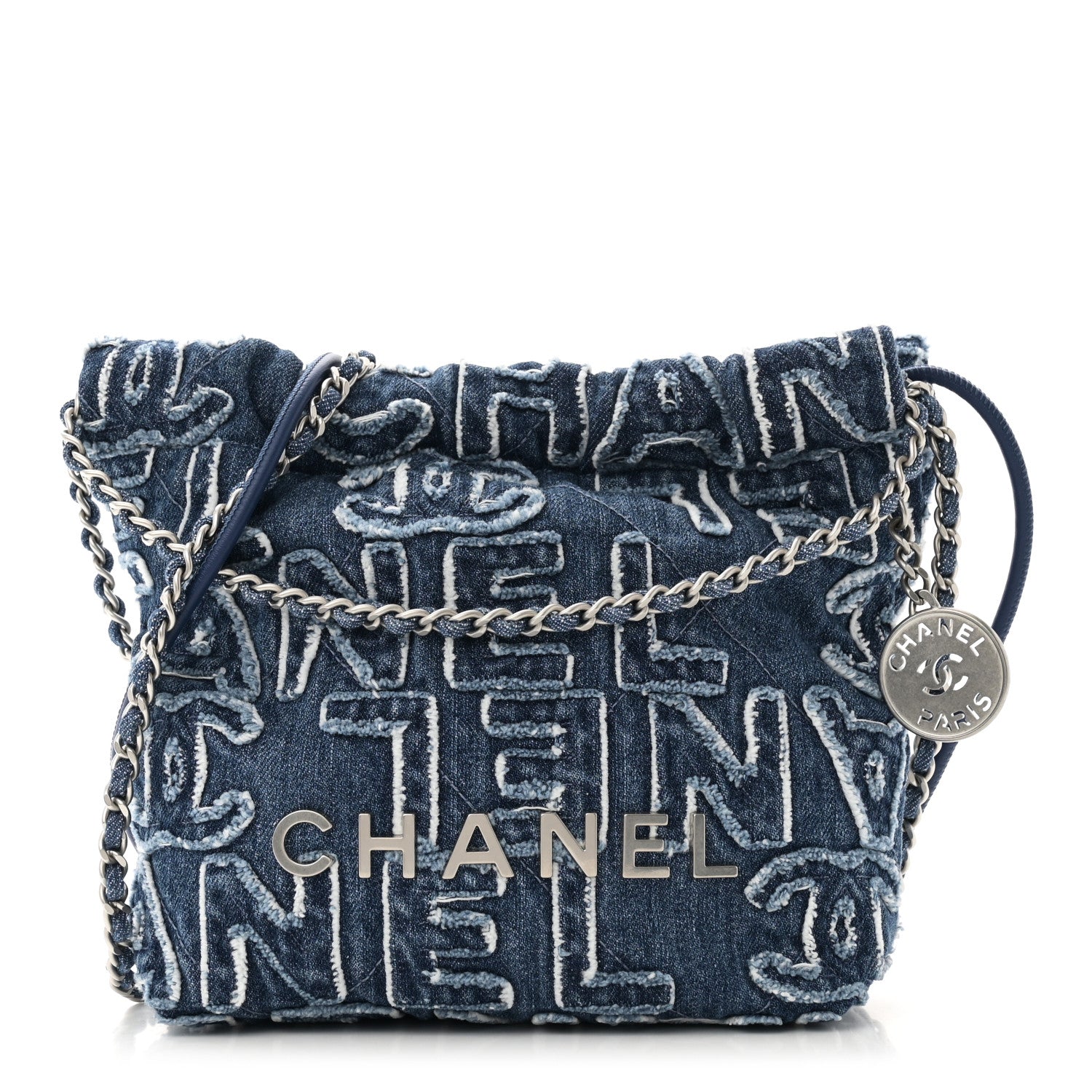 CHANEL ネイビー デニム ミュール Chanel Washed Denim Logo Embroidered Mini Chanel 22 Blue 1589687