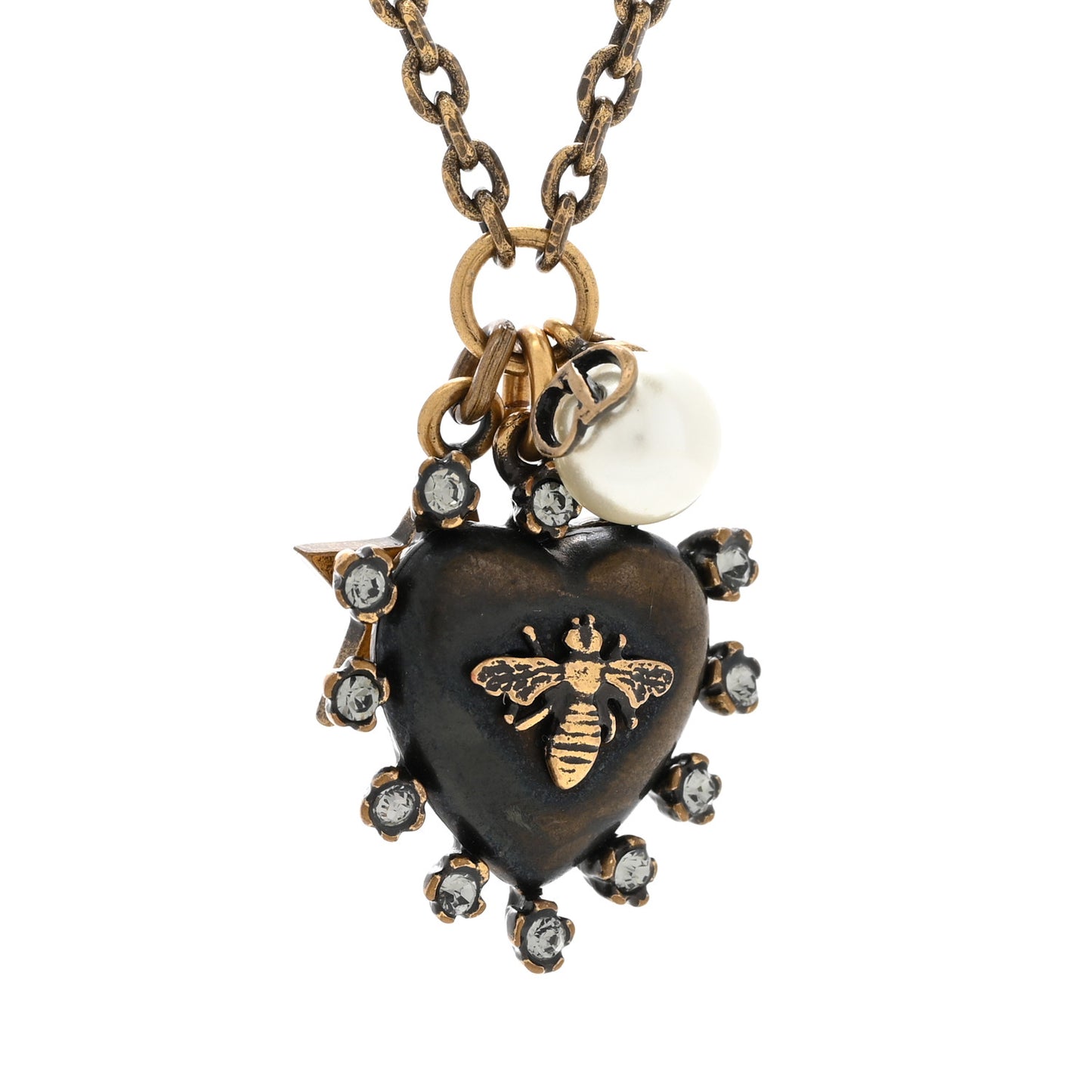 Resin Crystal Pearl Star Bee Necklace Aged Gold Black