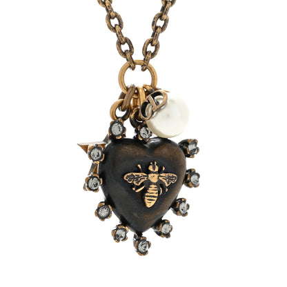 Christian Dior Resin Crystal Pearl Star Bee Necklace Aged Gold Black 4 of 6