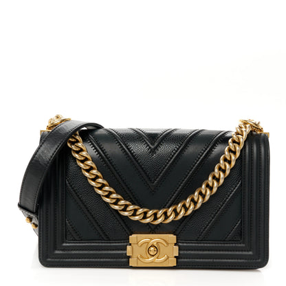 Chanel Caviar Glazed Calfskin Chevron Medium Boy Flap Black 1 of 12