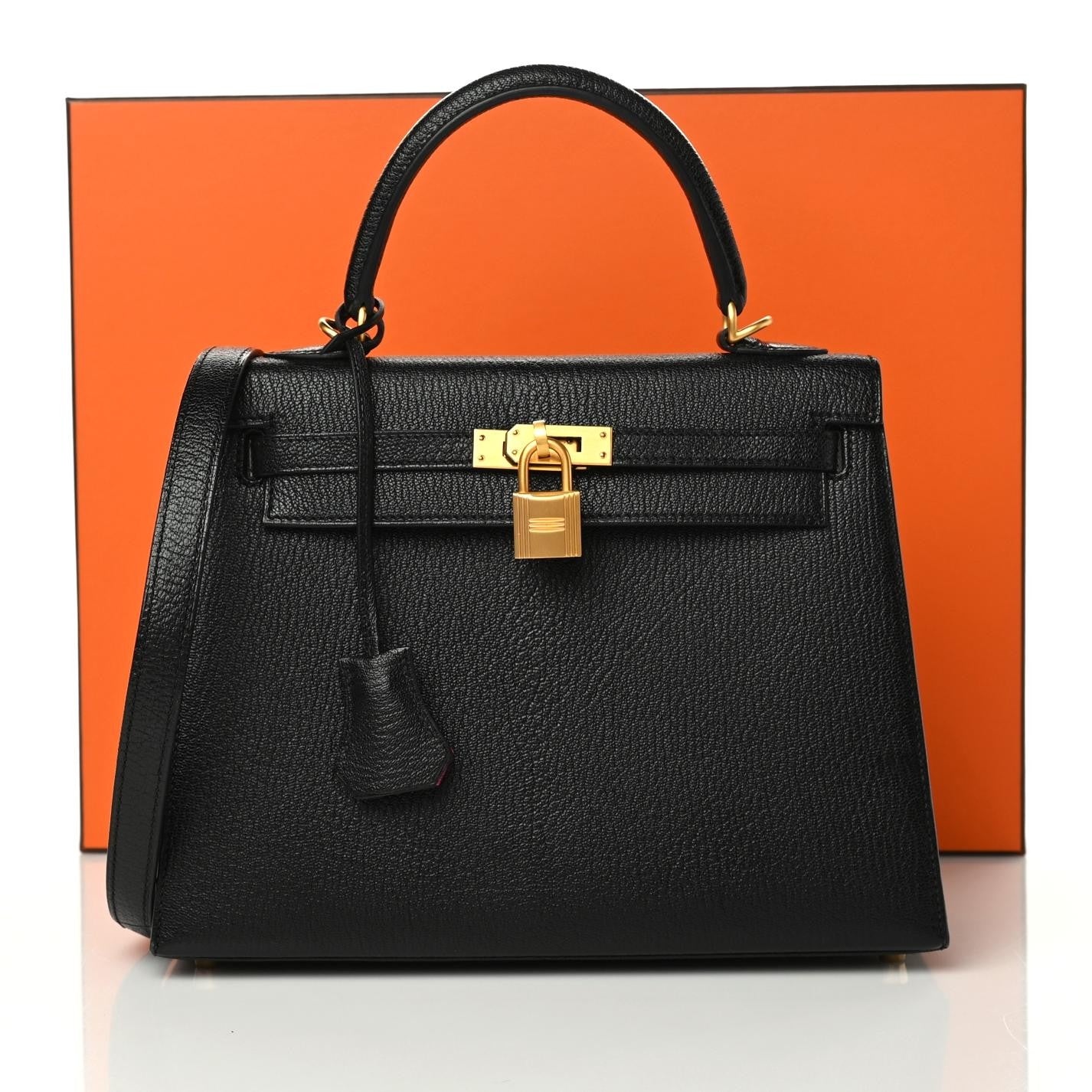 Hermes Chevre Mysore Horseshoe Kelly Sellier 25 Black Rose Pourpre