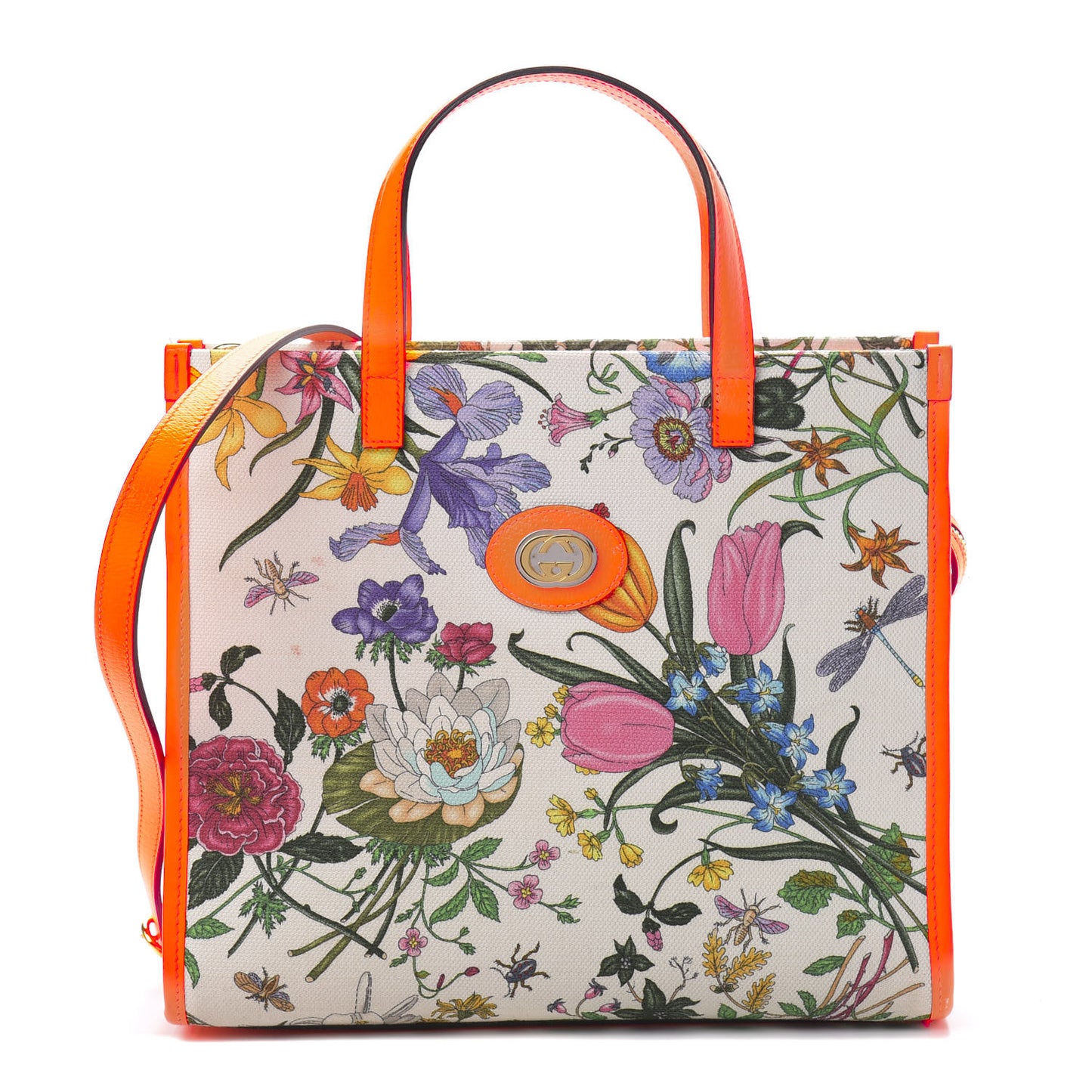 Canvas Medium Flora Tote White Multicolor Orange Fluo