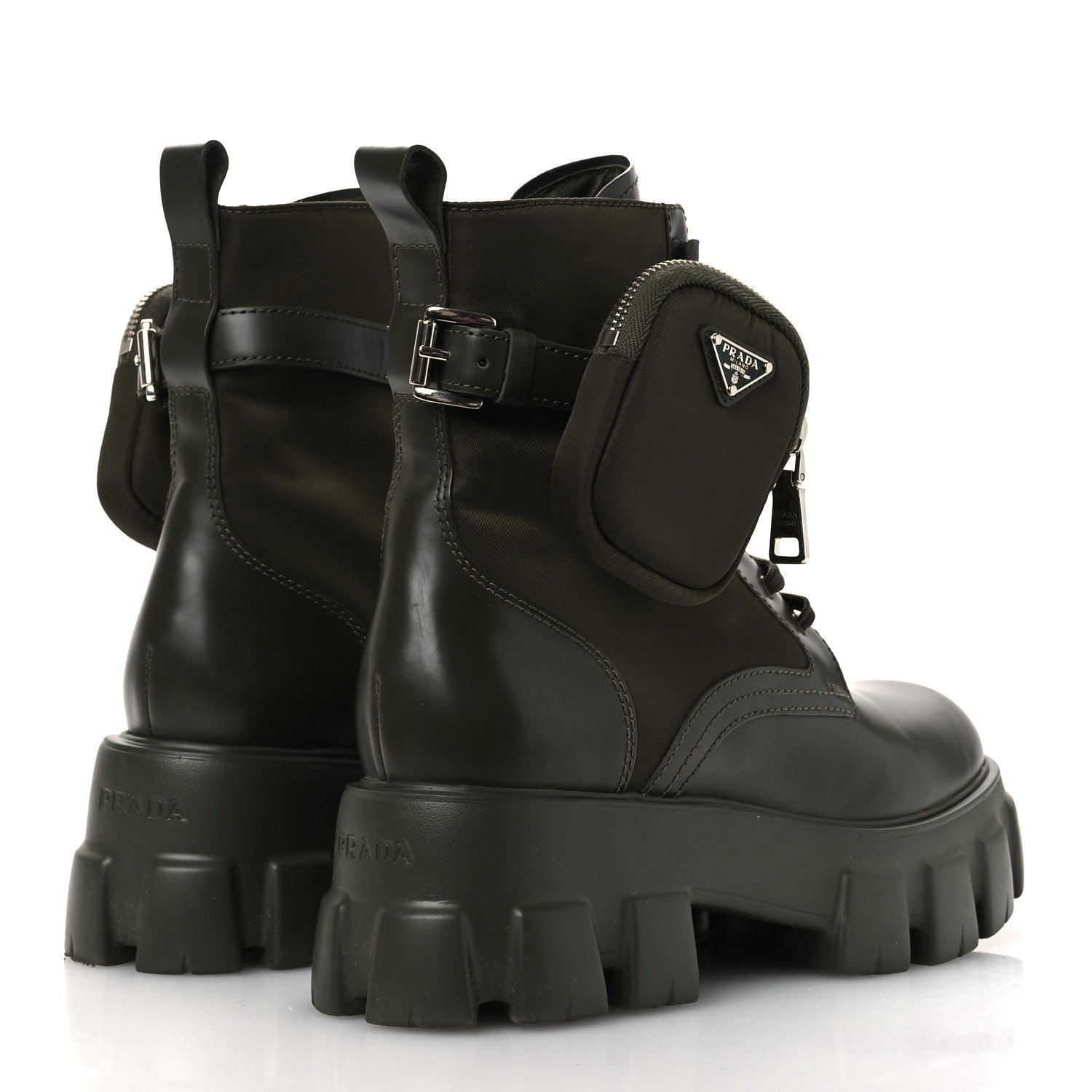 Prada Spazzolato Rois Re-Nylon Metal Triangle Logo Monolith Pouch Pocket 55mm Boots 40 Militare 5 of 13