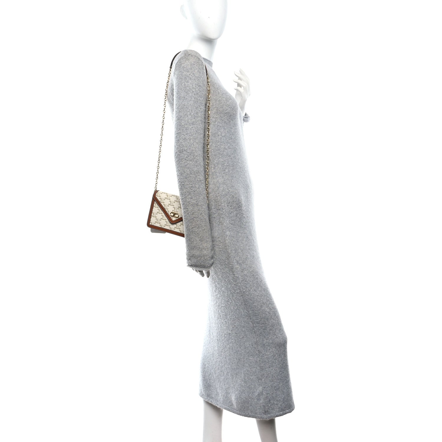 Celine Triomphe Canvas Calfskin Maillon Wallet on Chain White 2 of 12