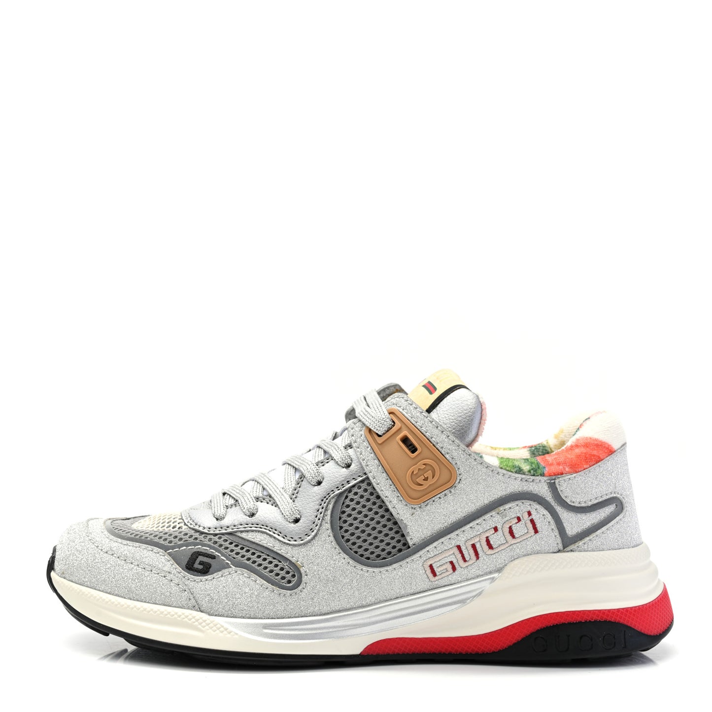 Metallic Calfskin Glitter Mesh Womens Ultrapace Sneakers 37 Silver Light Grey Mystic White
