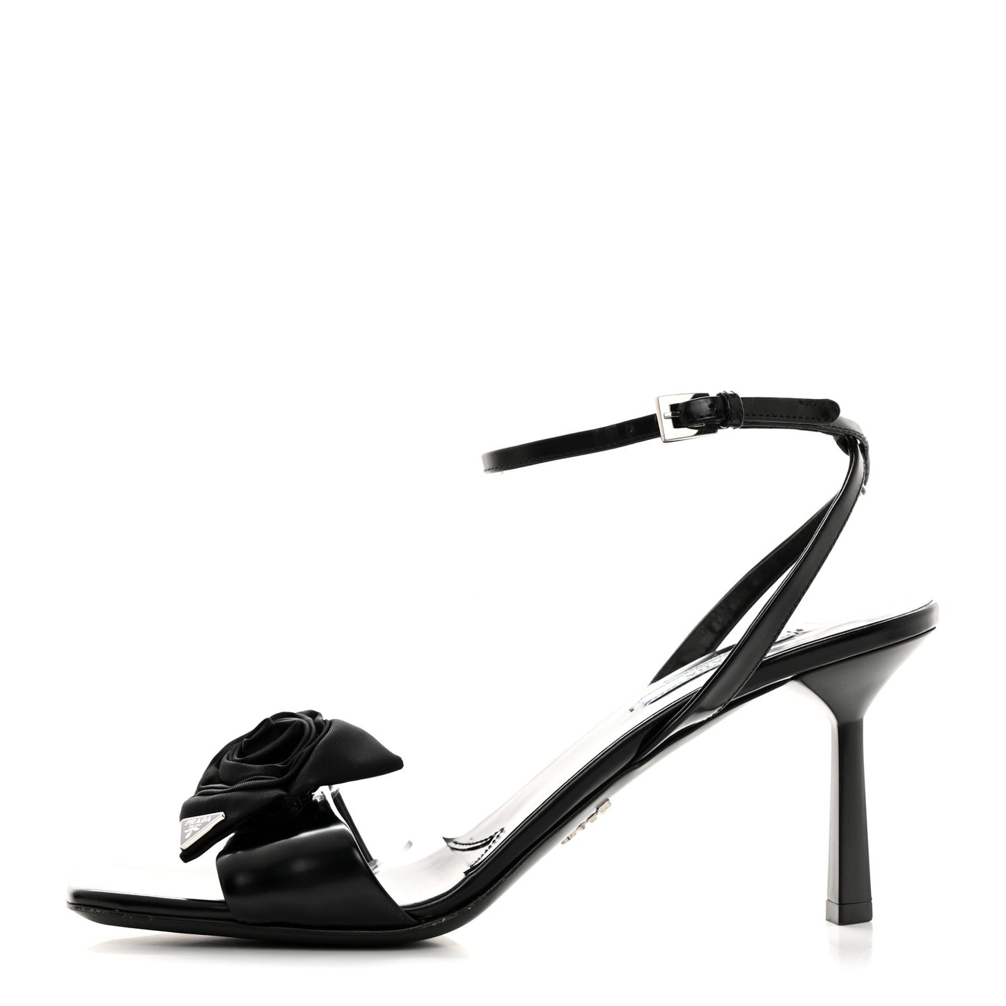 Vernice Nylon Flower Metal Triangle Logo Open Toe 65mm Sandals 39 Black