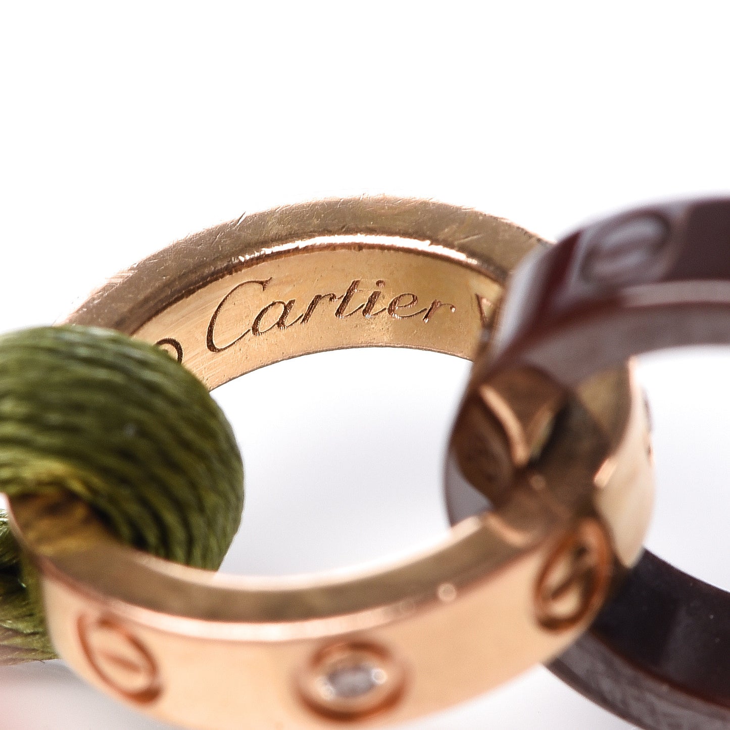 18K Pink Gold Brown Ceramic 4 Diamond LOVE Cord Bracelet Green