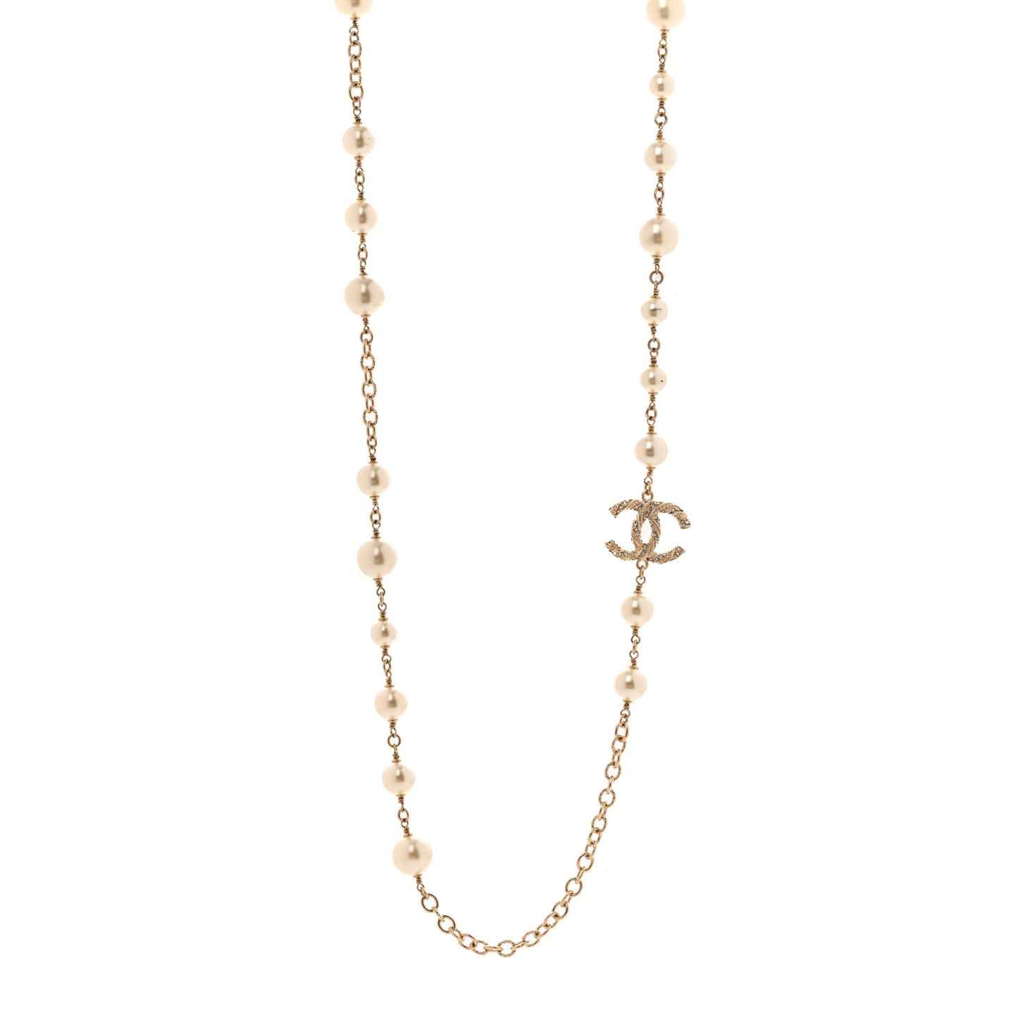 Graduated Pearl Crystal Twisted CC Long Necklace Gold