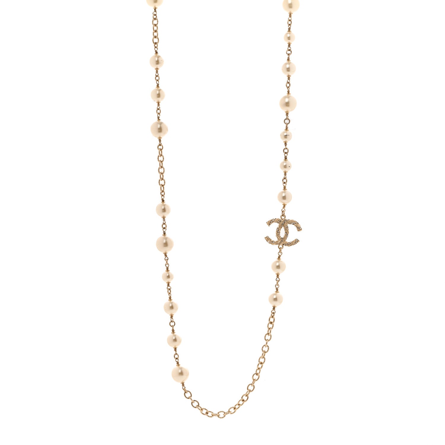 Chanel Graduated Pearl Crystal Twisted CC Long Necklace Gold 1 of 6